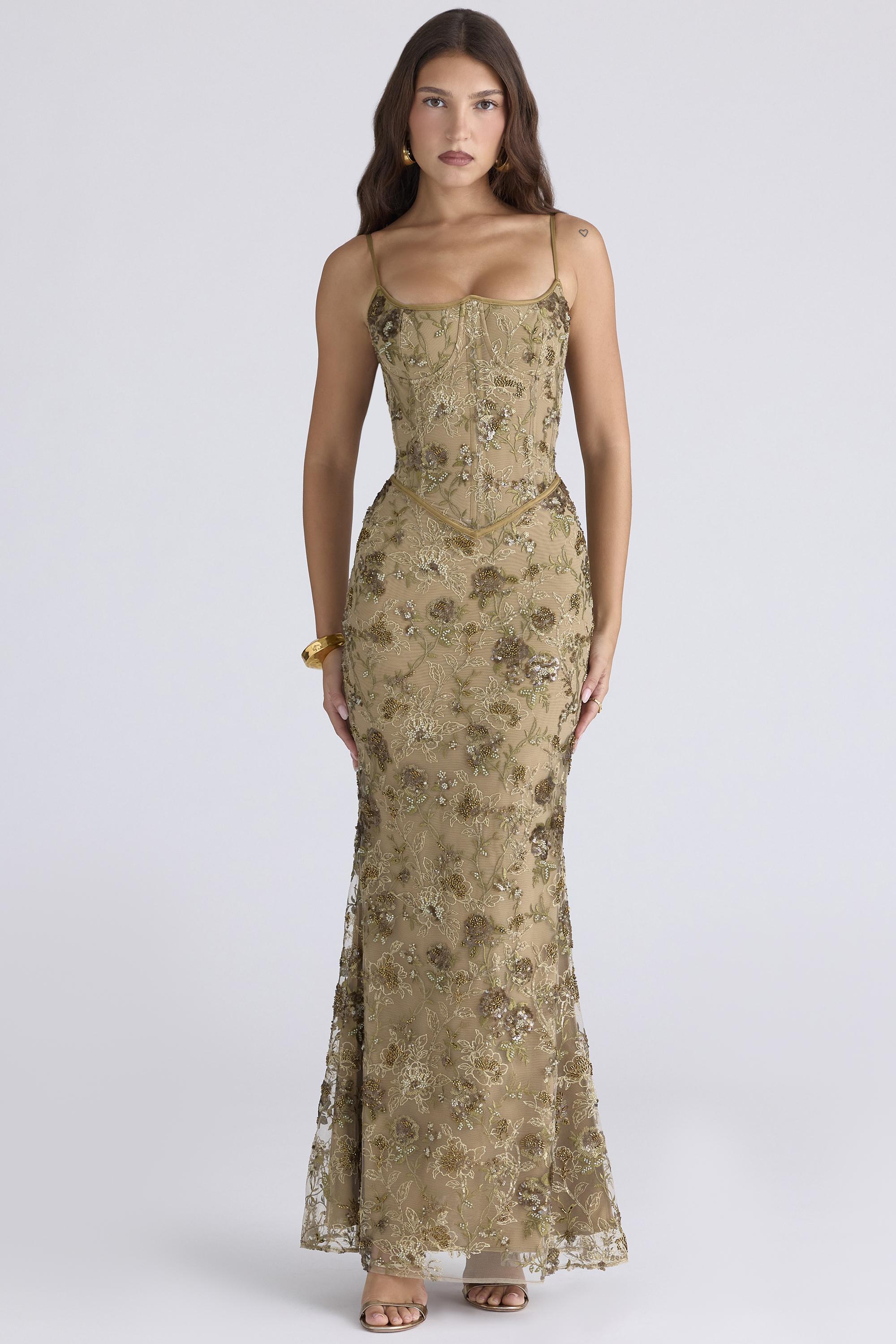Naima Olive Bronze Hand Beaded Embellished Corset Maxi Dress - Limited Edition - luluinthesky