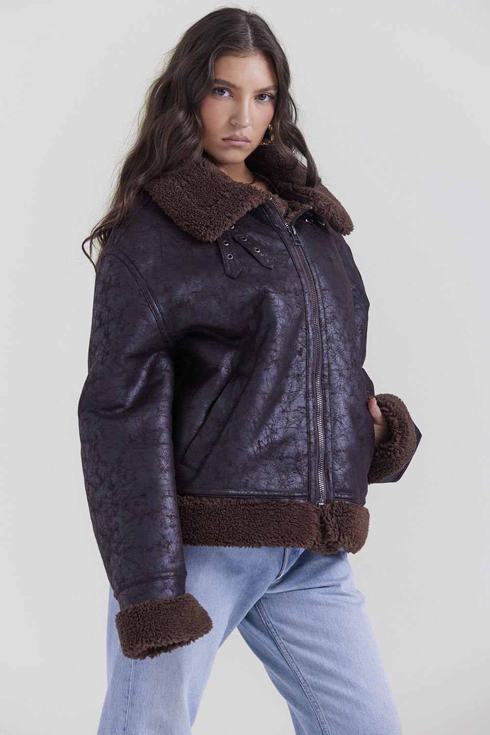 Madden Brown Vegan Shearling Aviator Jacket - luluinthesky