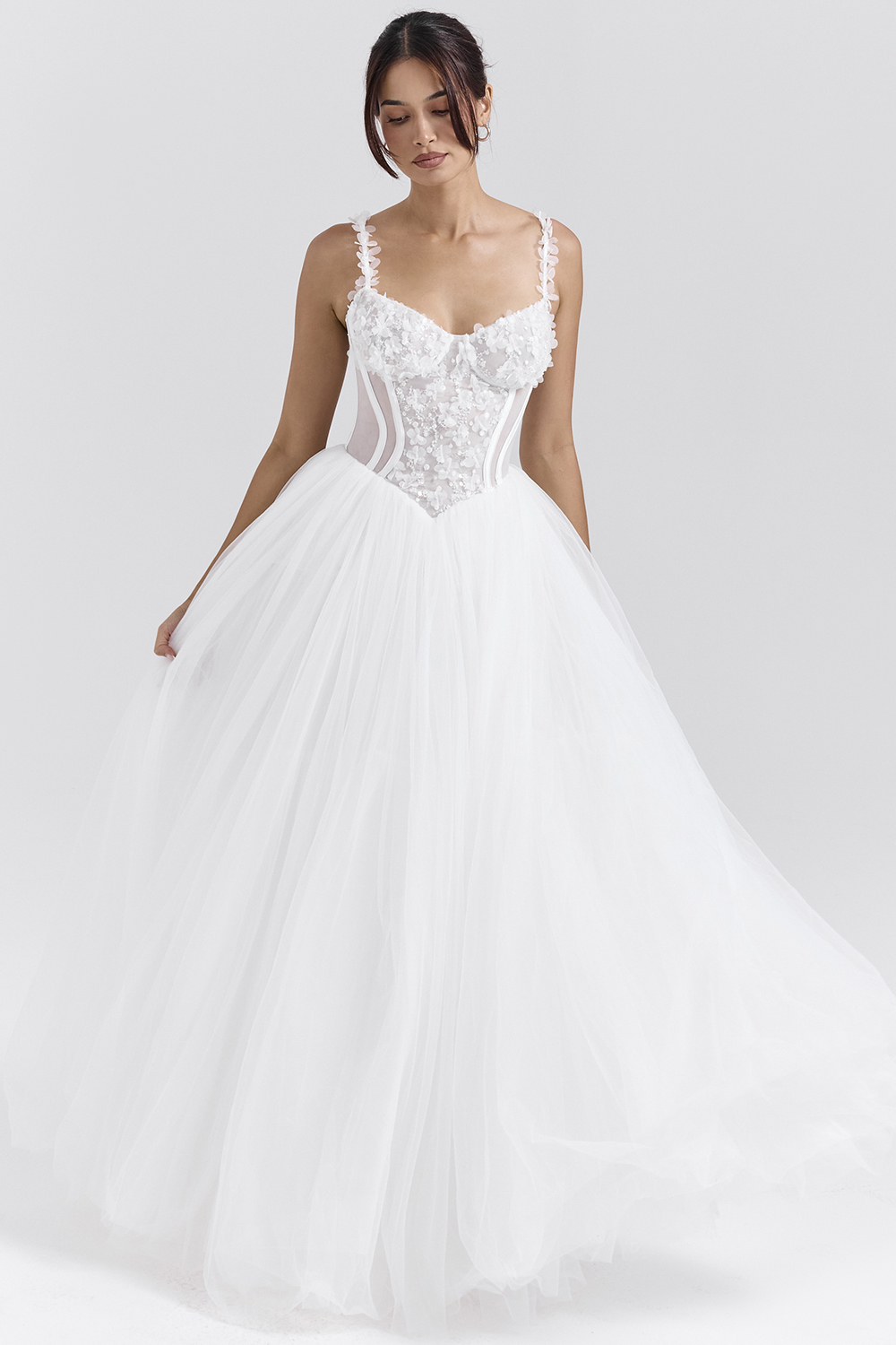 Nathalie White Floral Lace Tulle Bridal Gown - luluinthesky