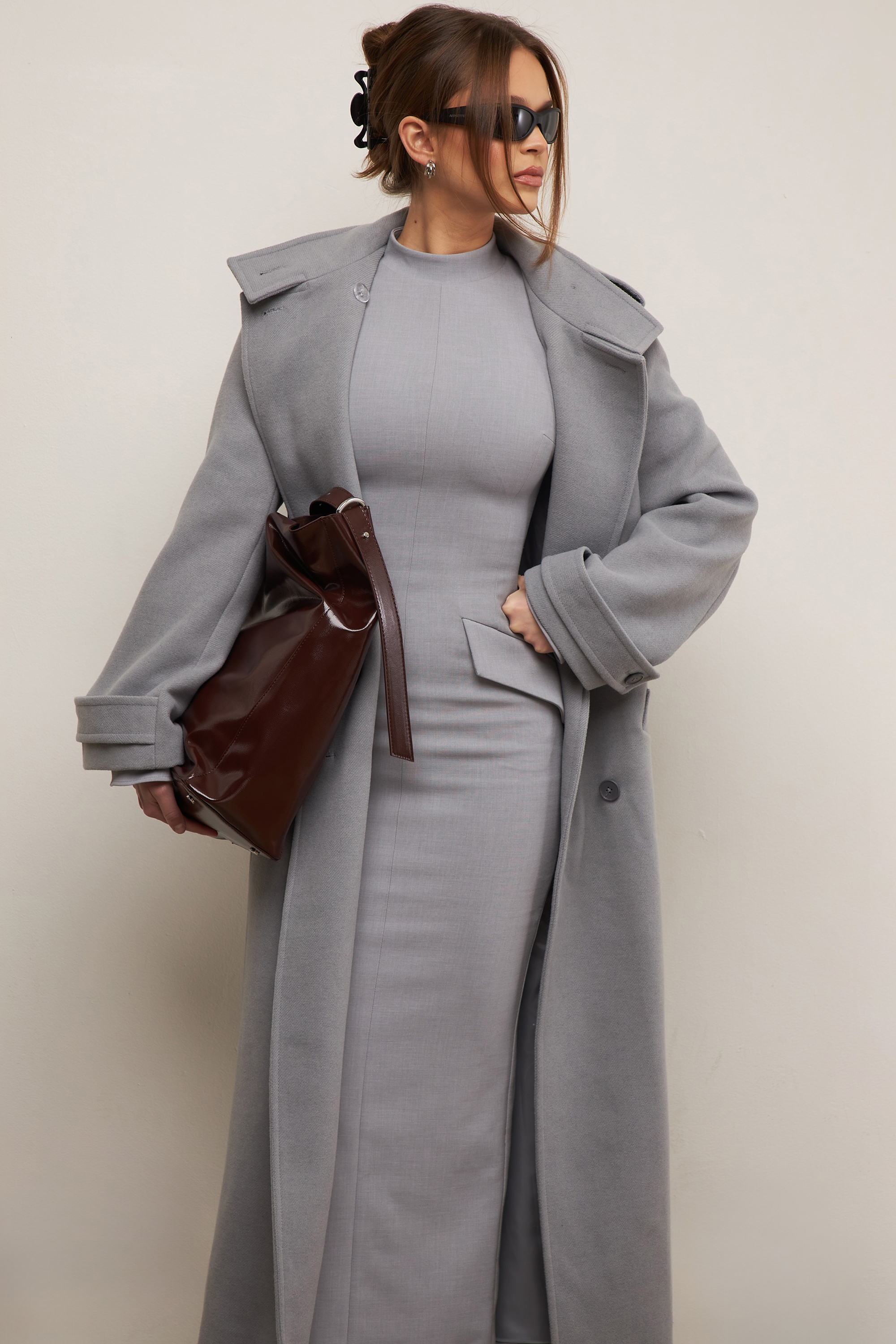 Sander Grey Double Breasted Funnel Neck Coat - luluinthesky