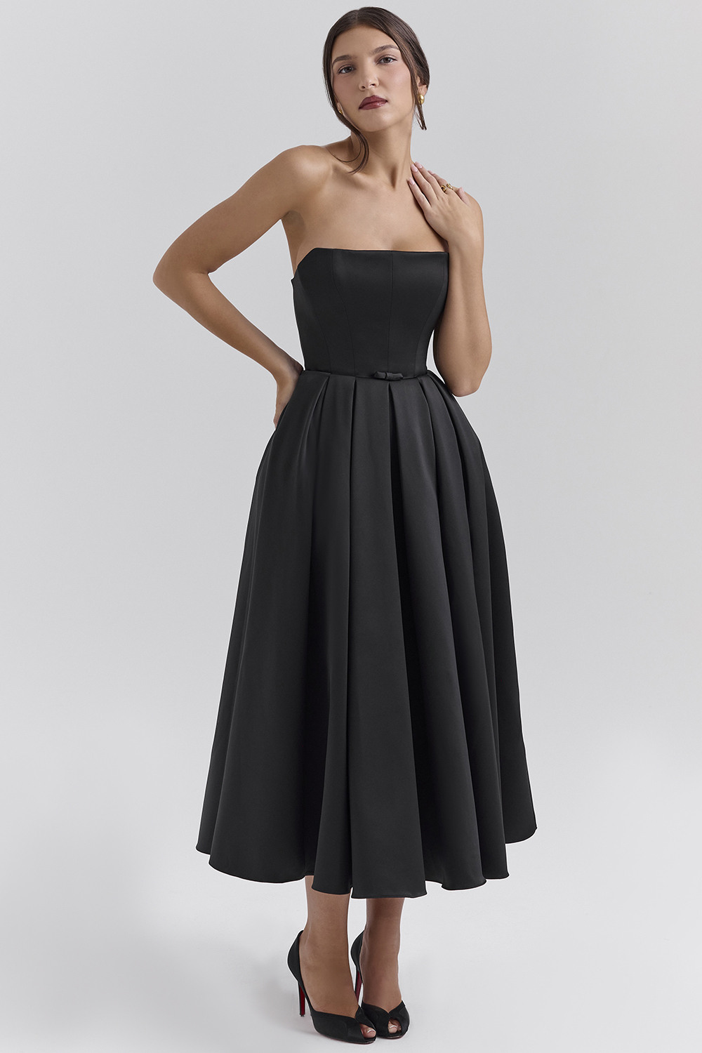 Contessa Black Strapless Satin Corset Midi Dress - SALE - luluinthesky