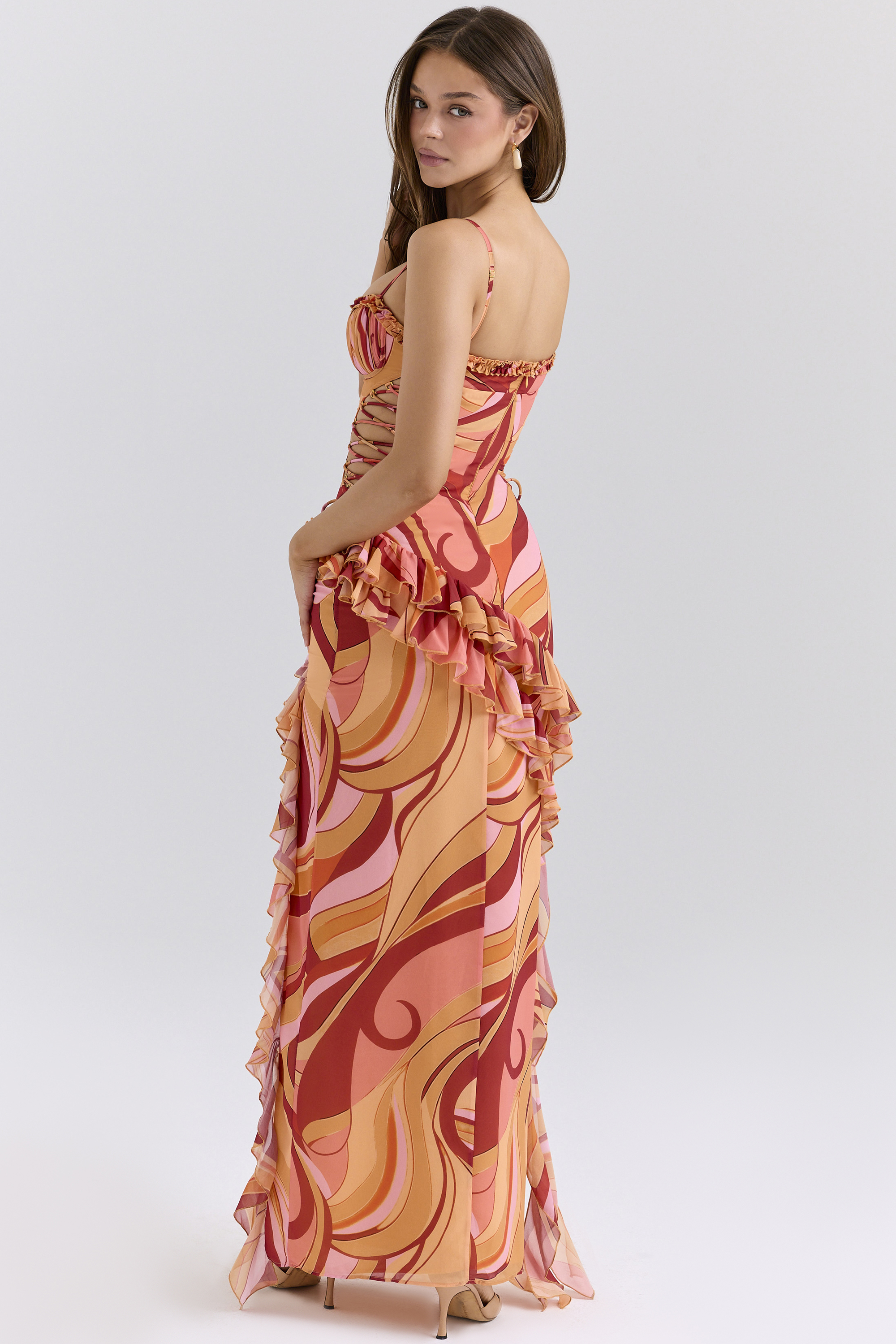 Lumira Sunset Swirl Print Ruffle Cut Out Maxi Dress - luluinthesky