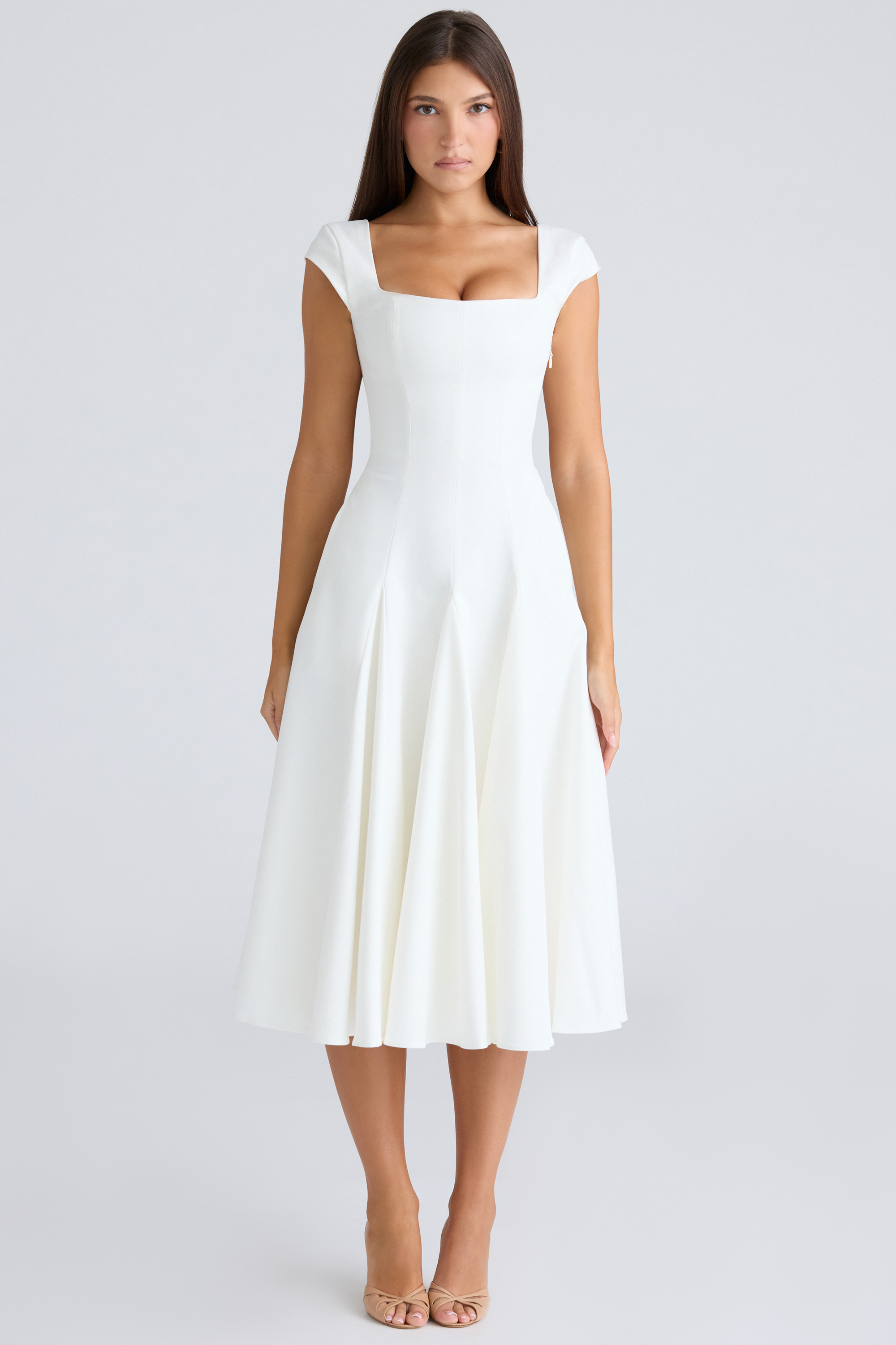 Raisa White Square Neck Twill Midi Dress - luluinthesky