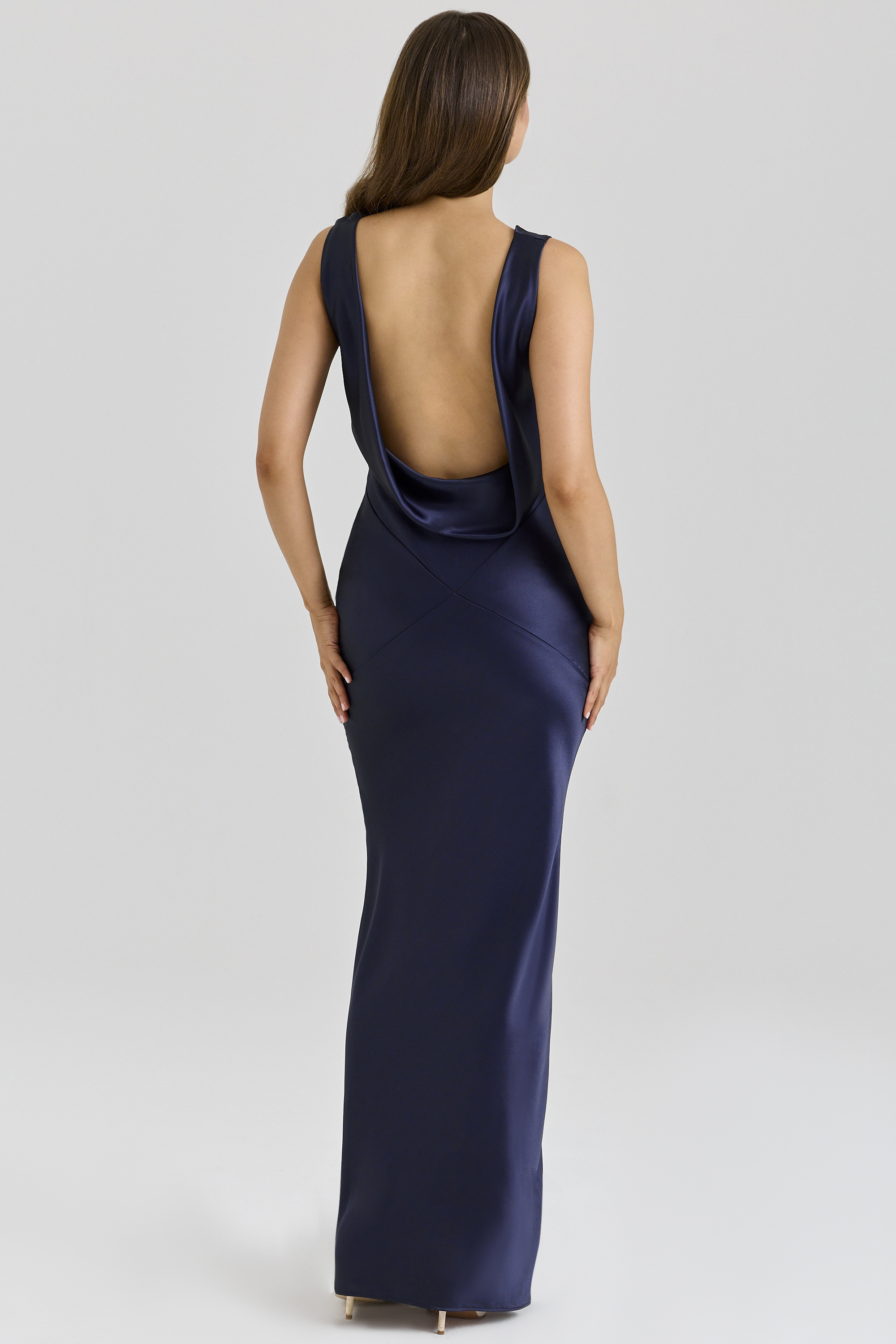 Safaira Navy Satin Draped Cowl Neck Maxi Dress - luluinthesky