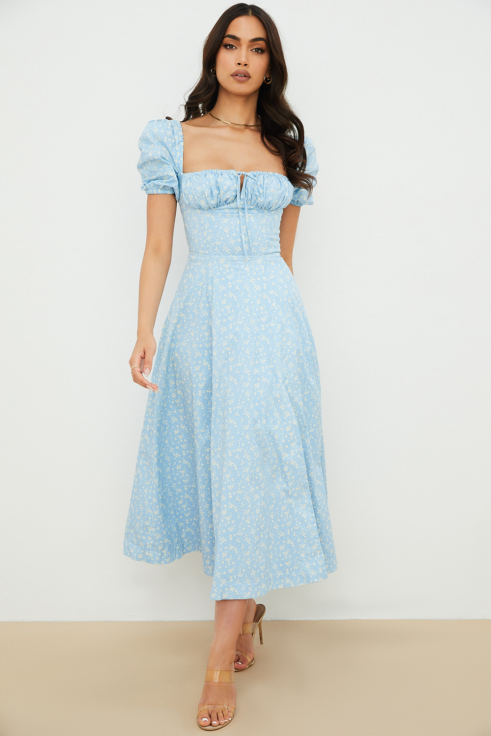 Tallulah Blue Ivory Floral Puff Sleeve Midi Dress - luluinthesky