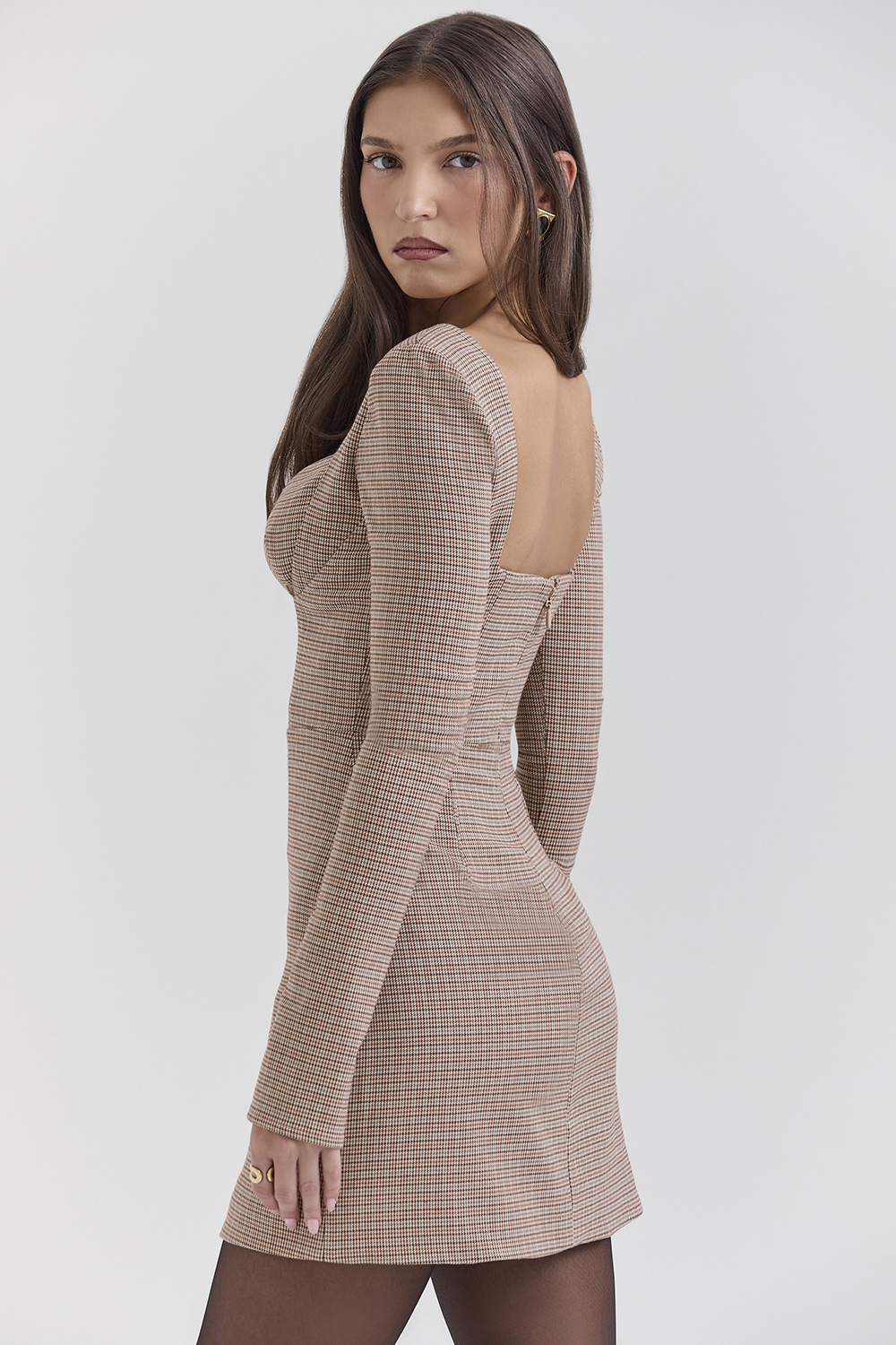 Angelie Brown Puppytooth Check Plunge Mini Dress - SALE - luluinthesky