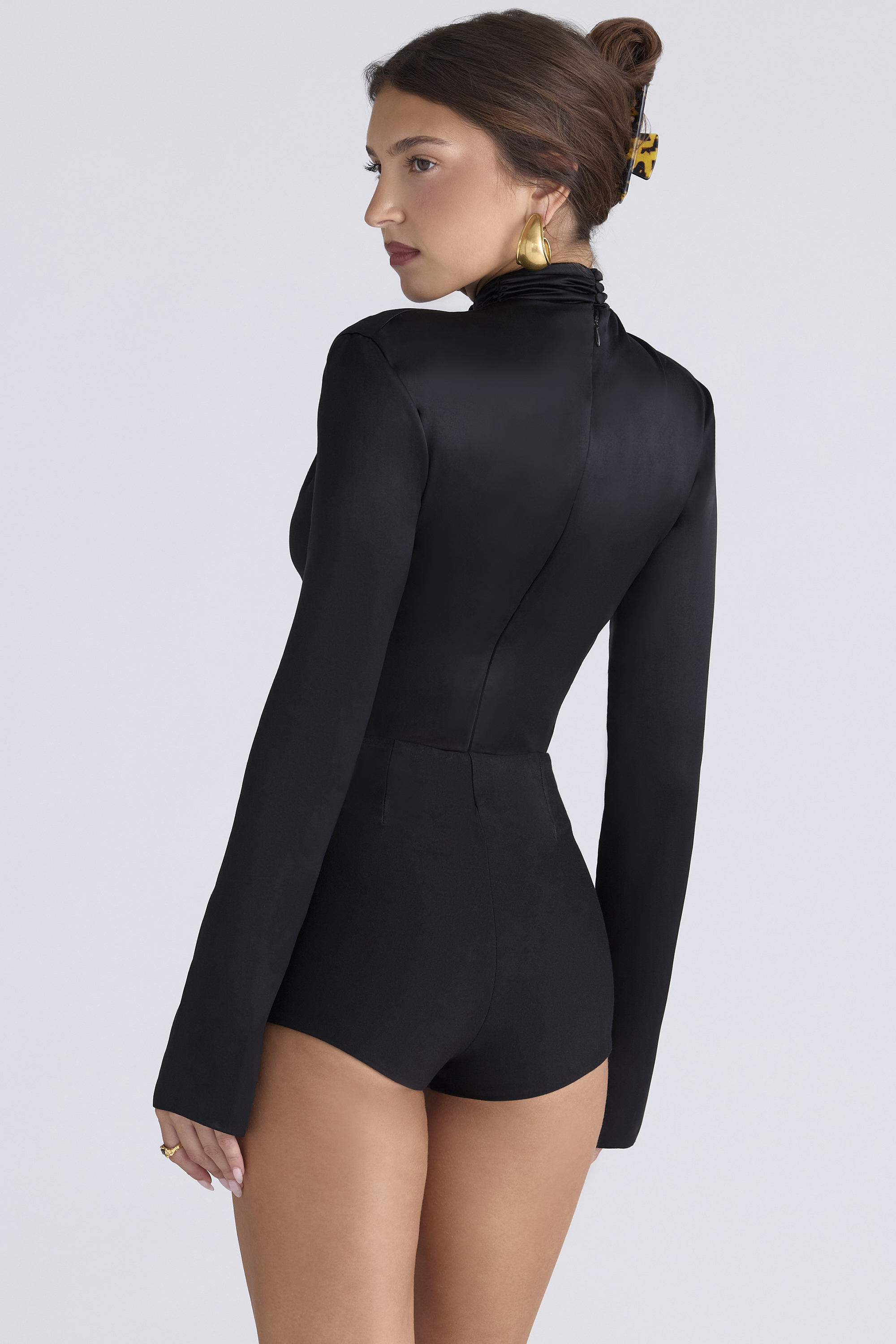 Neneh Black Satin High Neck Long Sleeve Bodysuit - luluinthesky