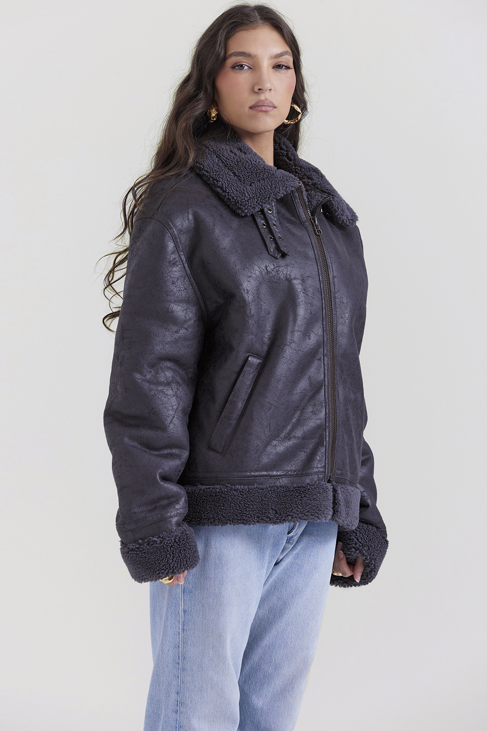 Madden Grey Vegan Shearling Aviator Jacket - luluinthesky