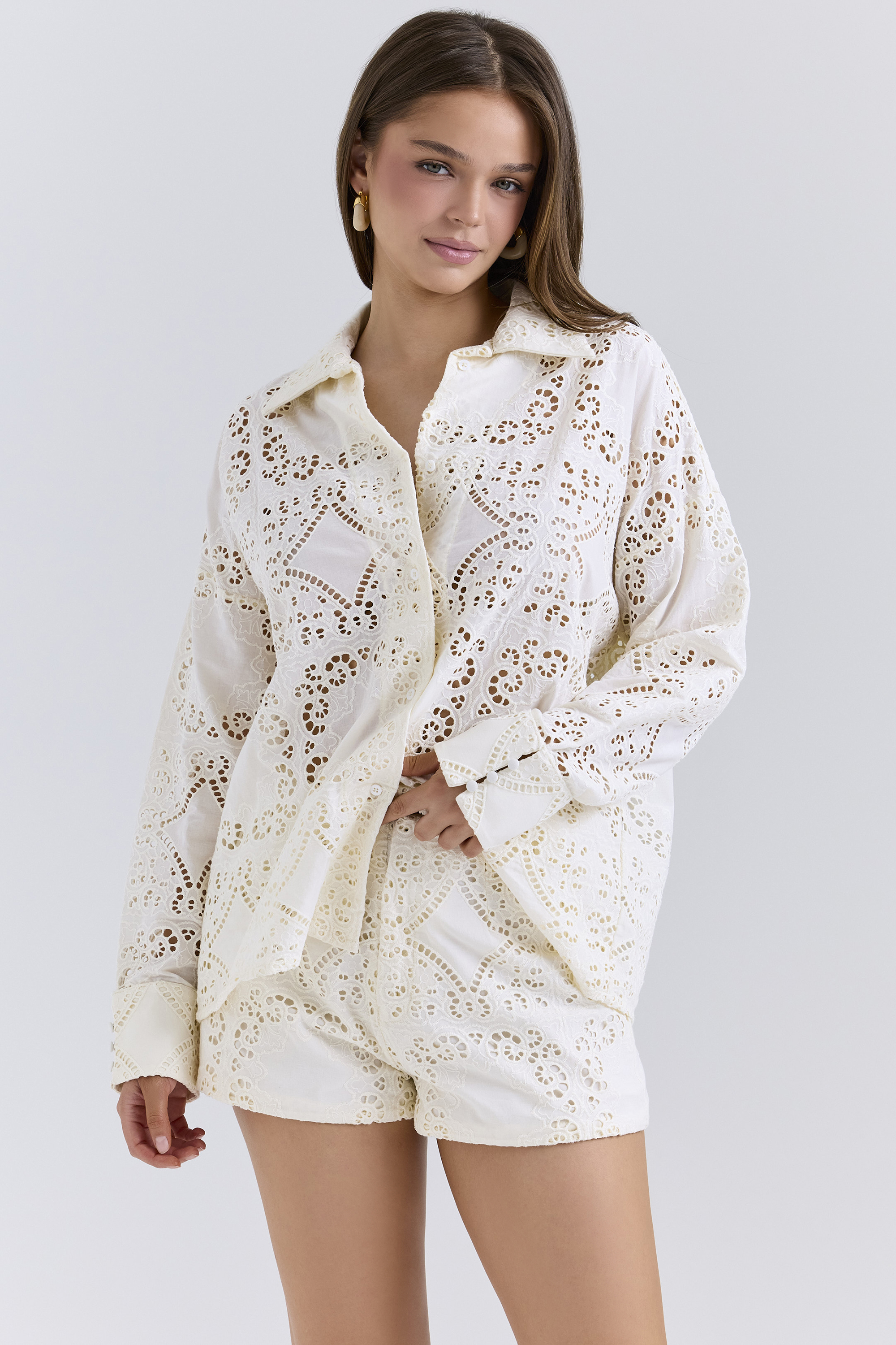 Samah White Cotton Broderie Anglaise Shirt - luluinthesky
