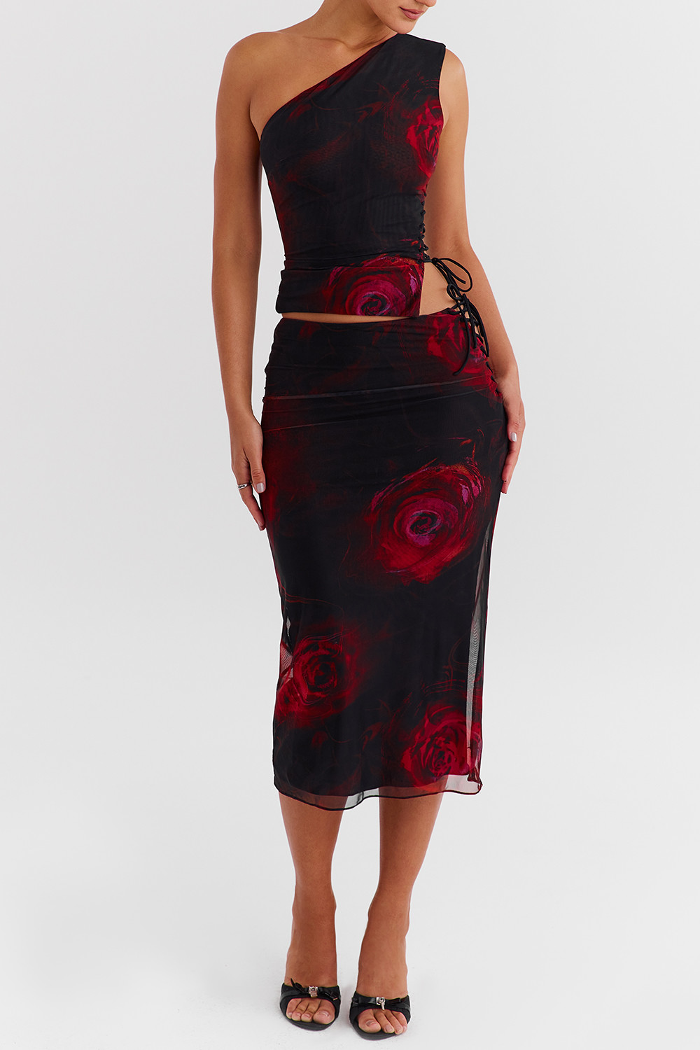 Mistress Rocks Black Rose Print Lace Up Midi Skirt - SALE - luluinthesky