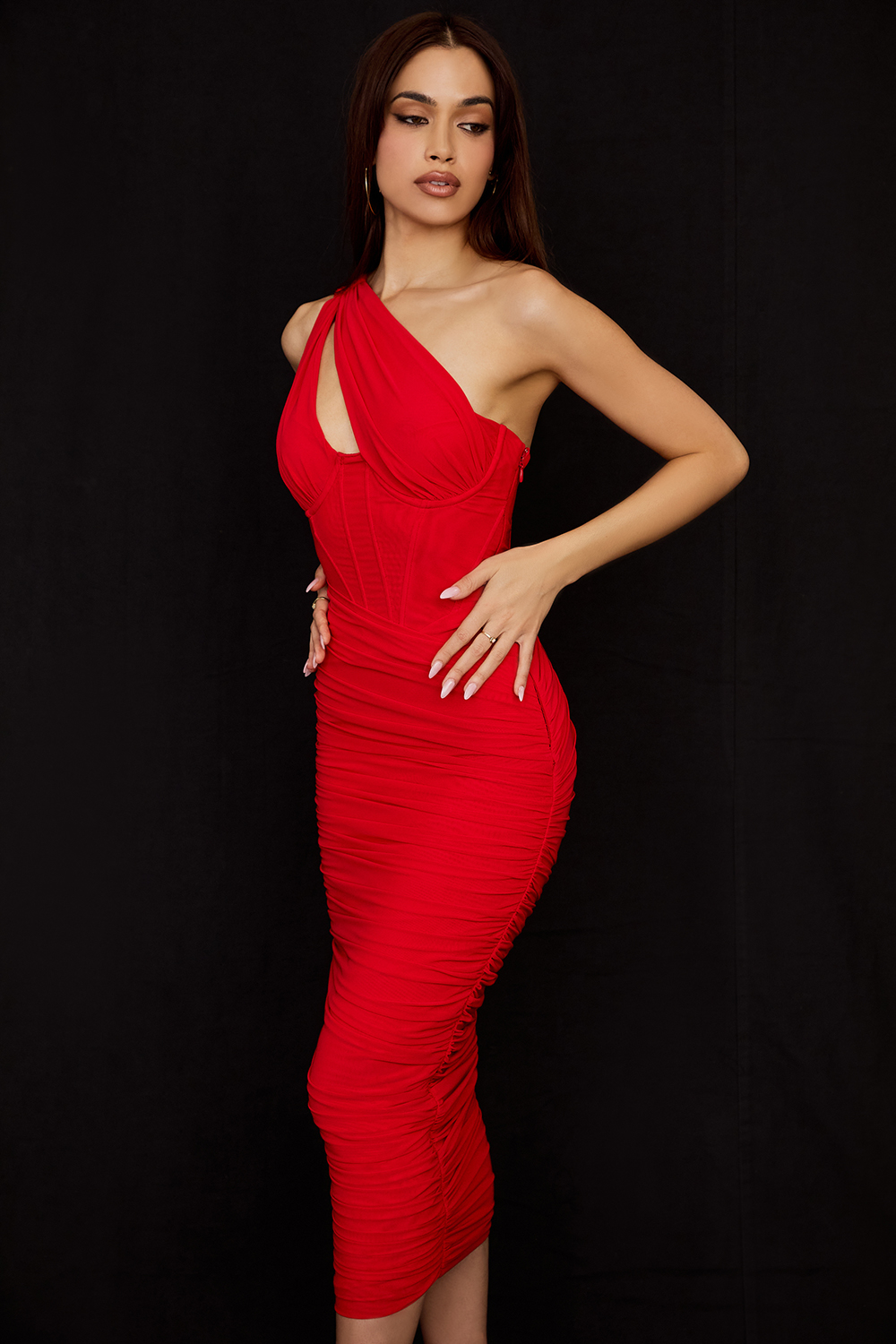 Valentina Scarlet Asymmetric Cutout Midi Dress - luluinthesky