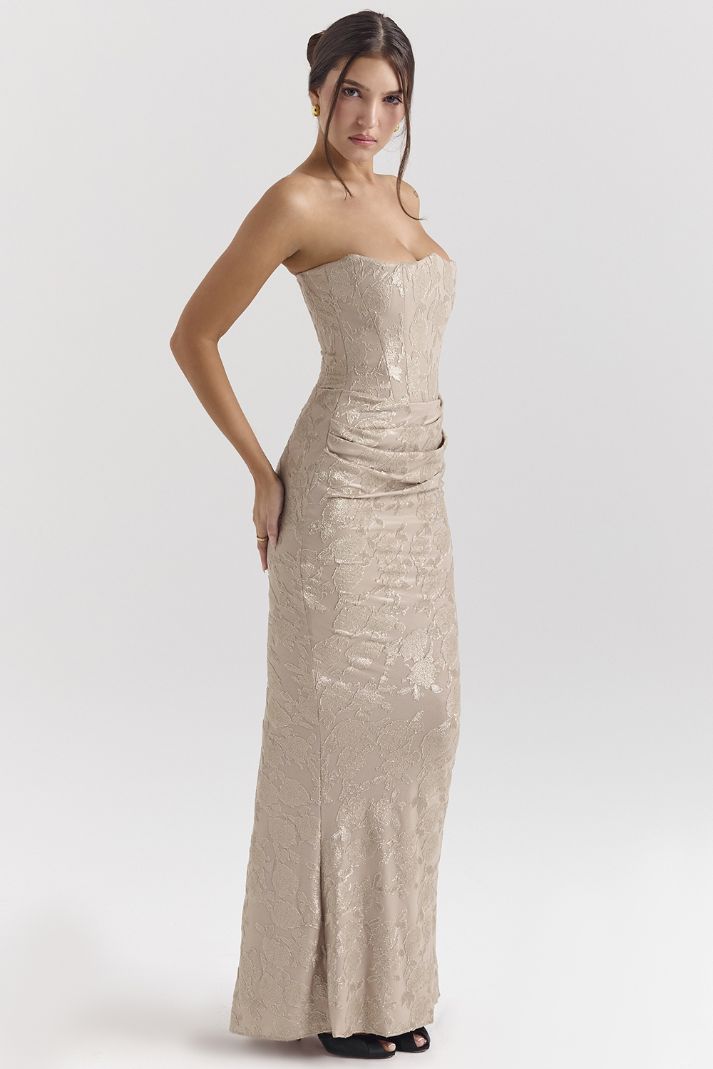 Persephone Pale Gold Chiffon Mesh Strapless Corset Maxi Dress - luluinthesky