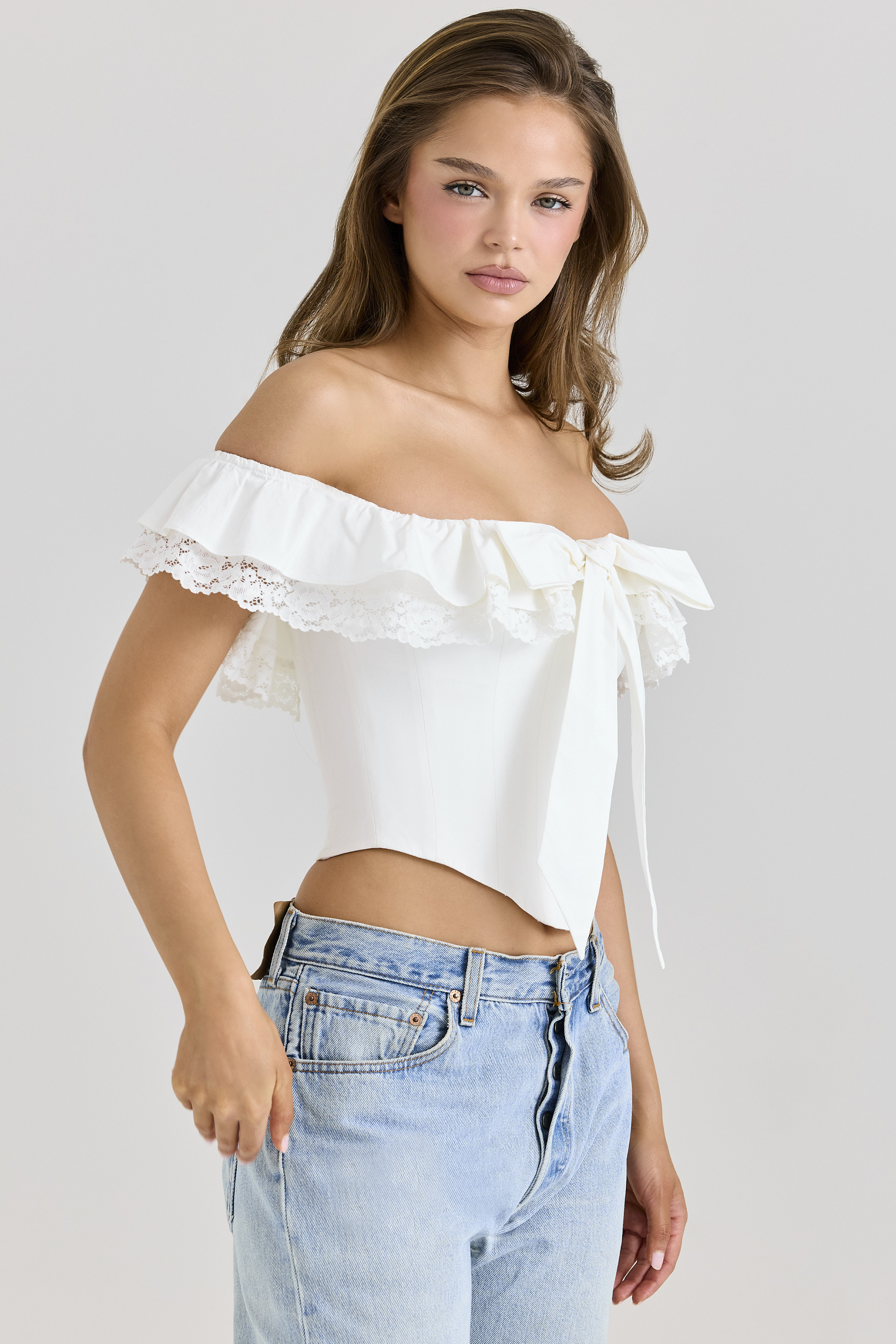 Aria White Stretch Cotton Off-The-Shoulder Frill Corset - luluinthesky