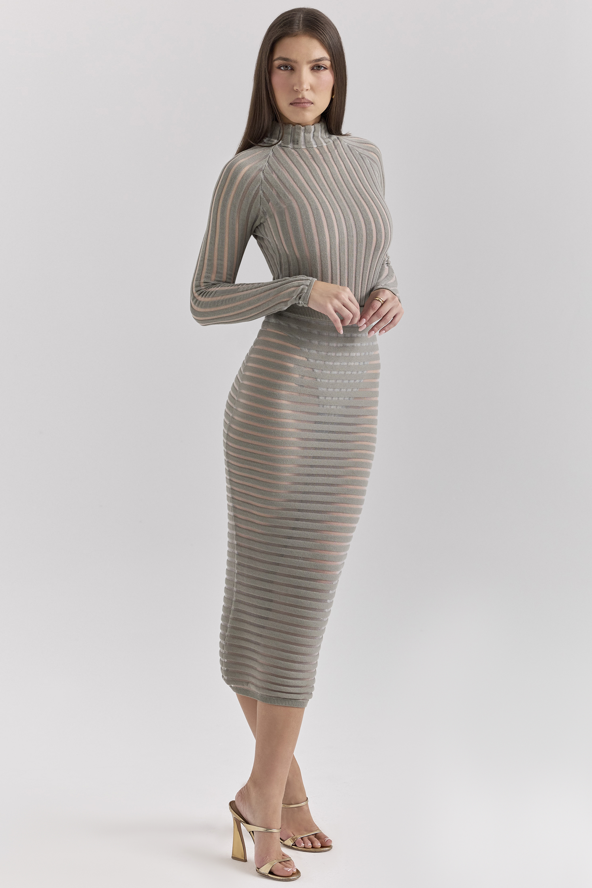 Margo Grey Velour Sheer Striped Midi Skirt - luluinthesky