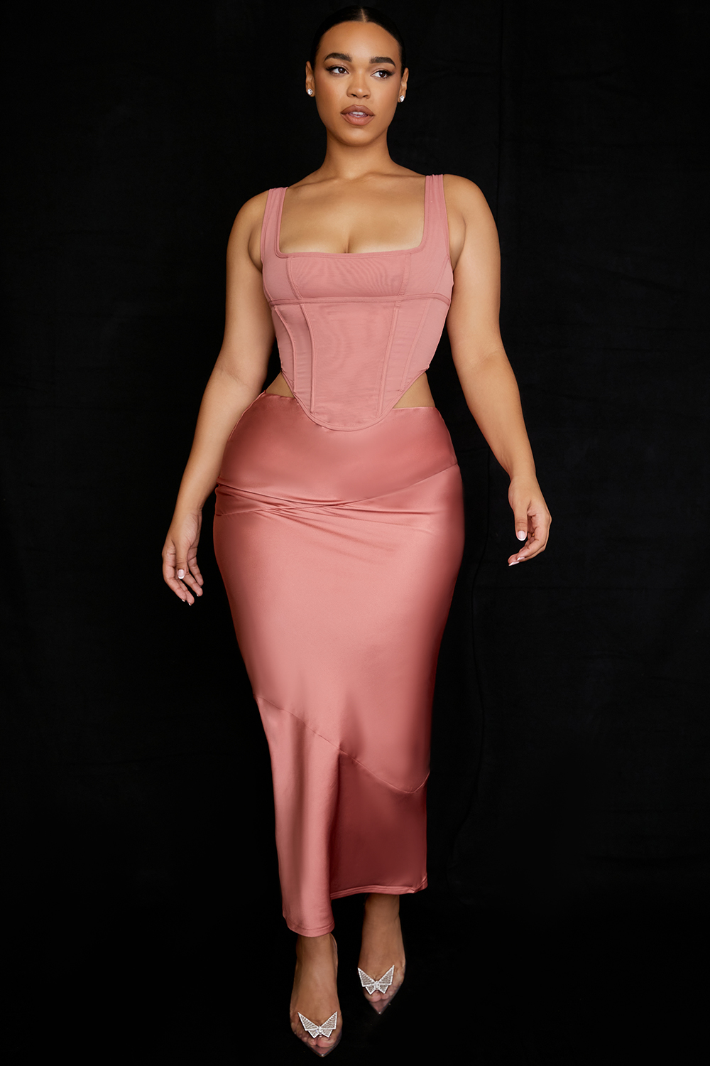 Colette Rose Satin Low Waist Midi Skirt - luluinthesky