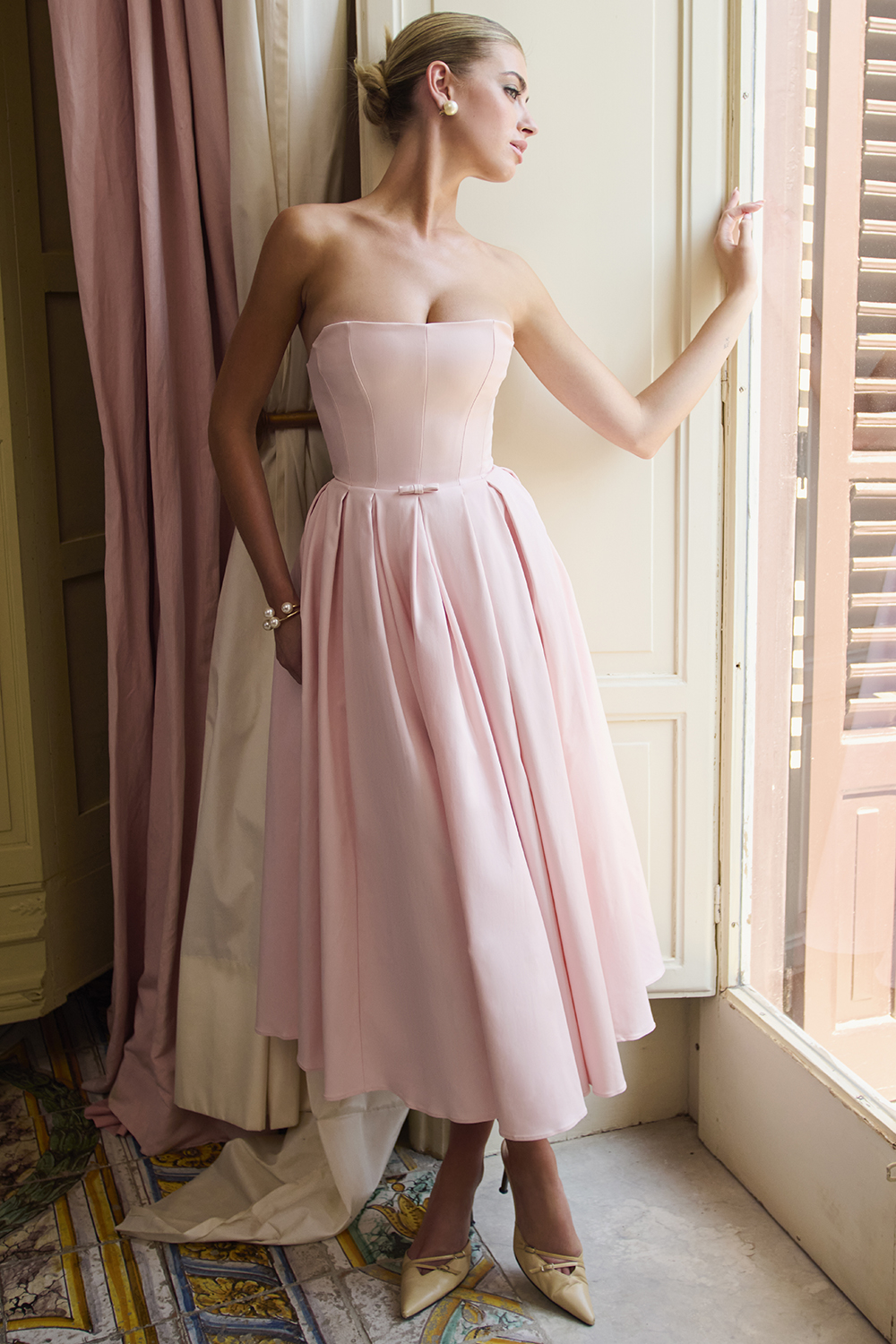 Contessa Parisian Pink Strapless Corset Midi Dress - luluinthesky