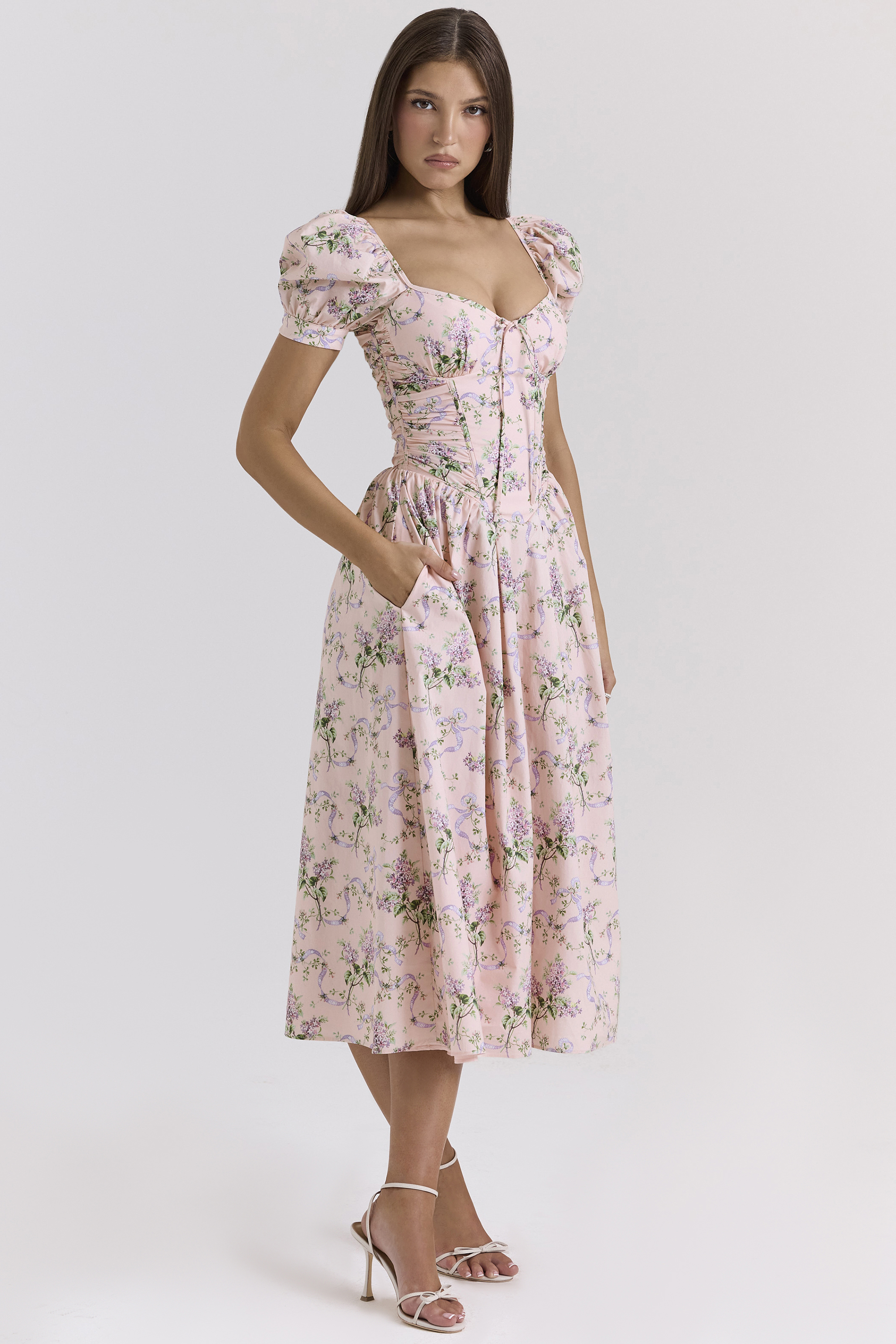 Lulabell Pink Ribbon Print Cotton Midi Dress - luluinthesky