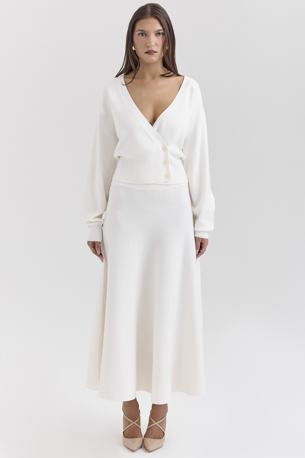 Solara Ivory Wool Mix Flared Midi Skirt - luluinthesky