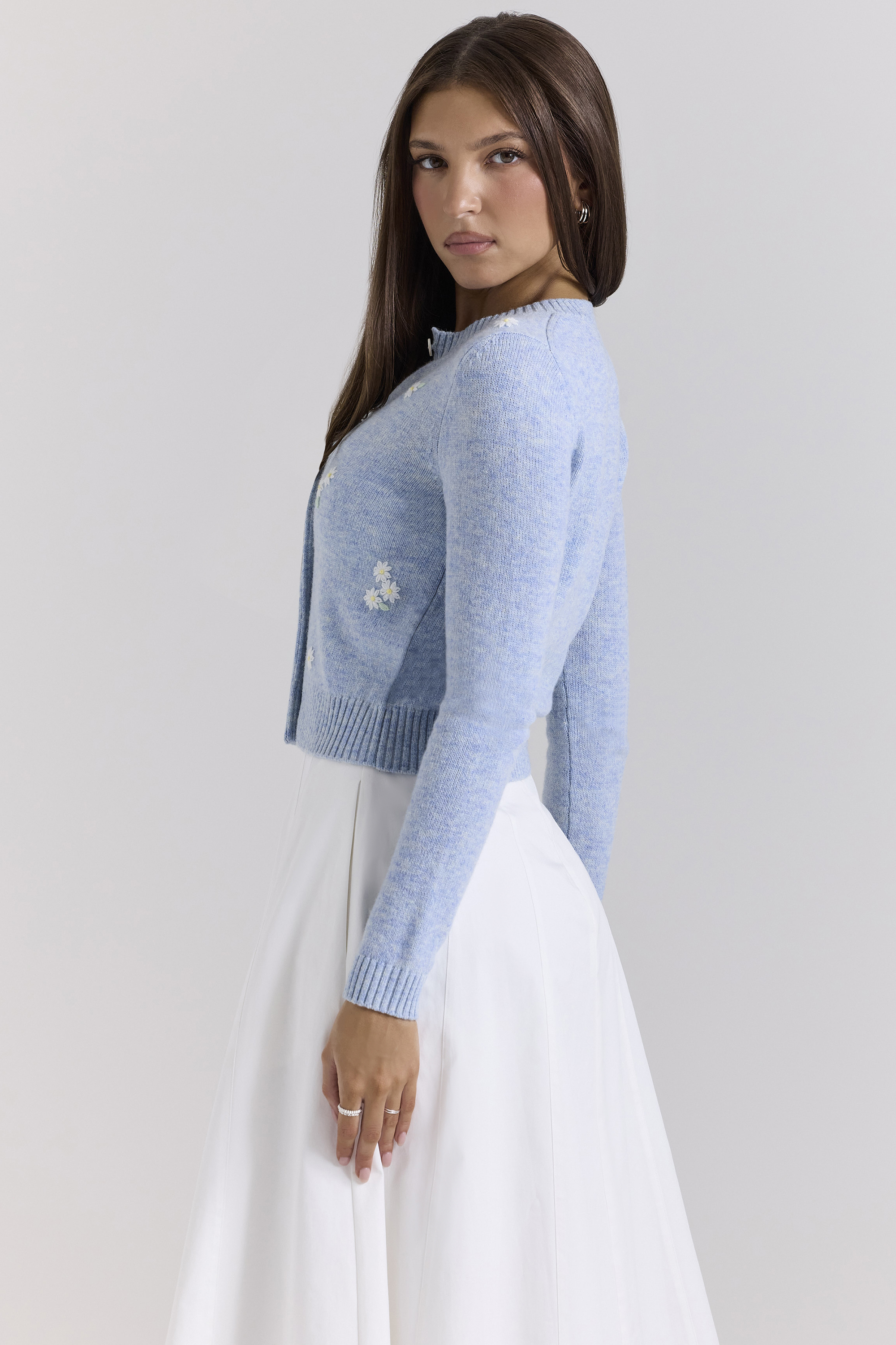 Atheia Blue Lambswool Floral Embroidered Cardigan - luluinthesky