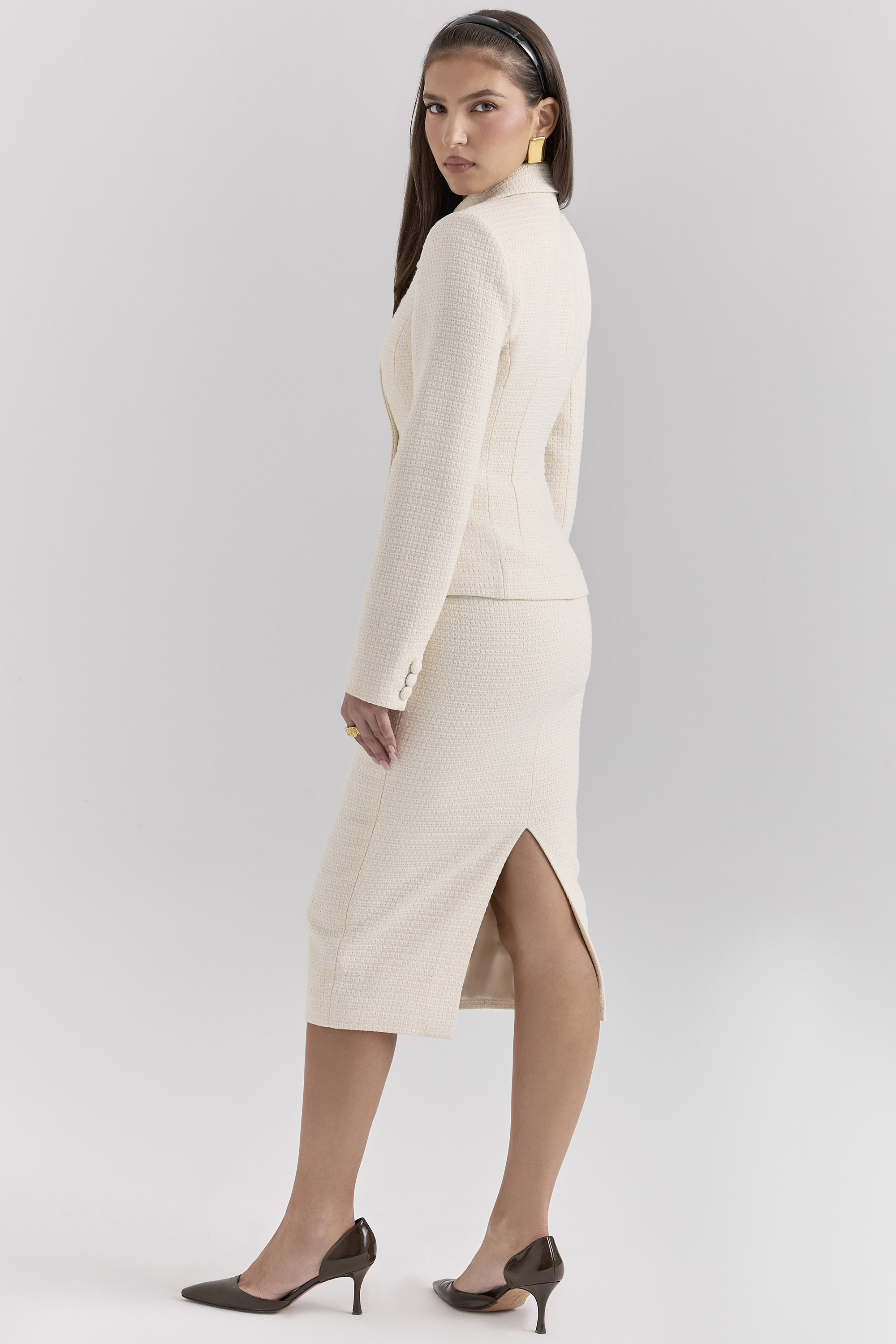 Lena Cream Boucle Pencil Midi Skirt - luluinthesky