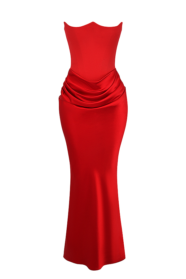 Persephone Scarlet Strapless Corset Maxi Dress - luluinthesky