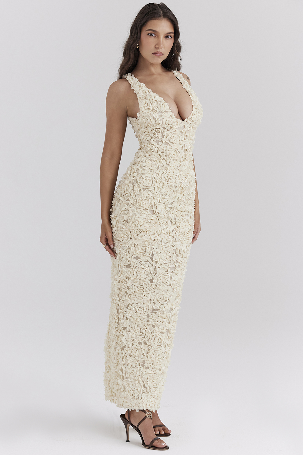 Carena Creme Plunge Floral Appliqué Maxi Dress - luluinthesky