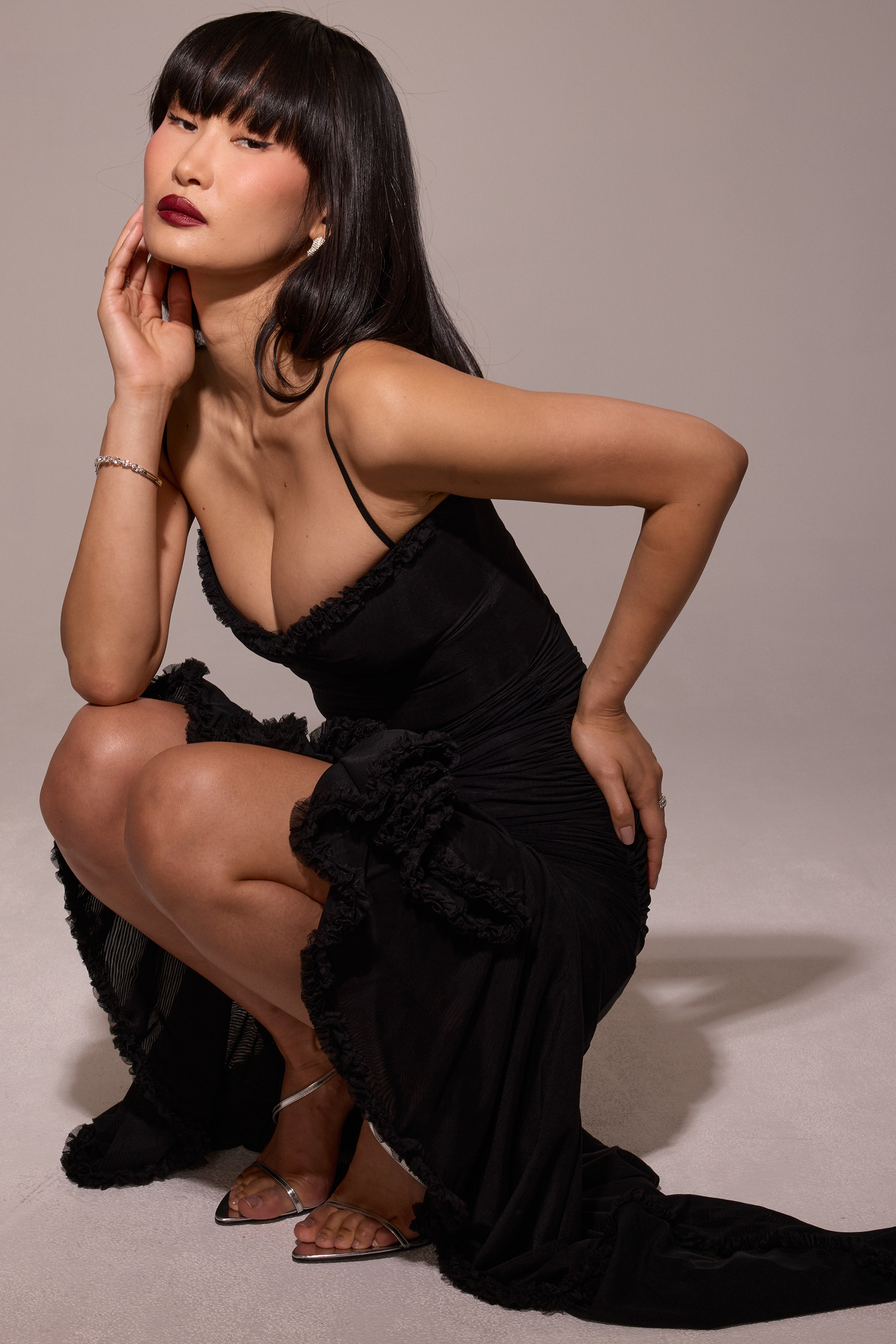 Gabbi Black Mesh Ruffled Front Gown - luluinthesky