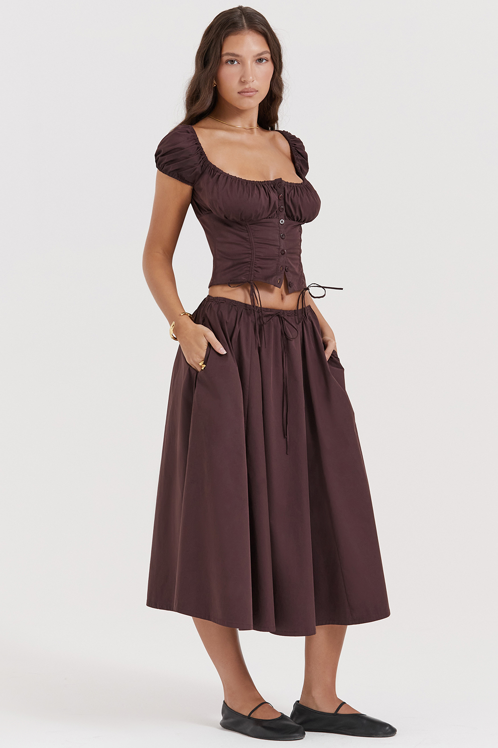 Cora Rich Brown Gathered Midi Skirt - luluinthesky