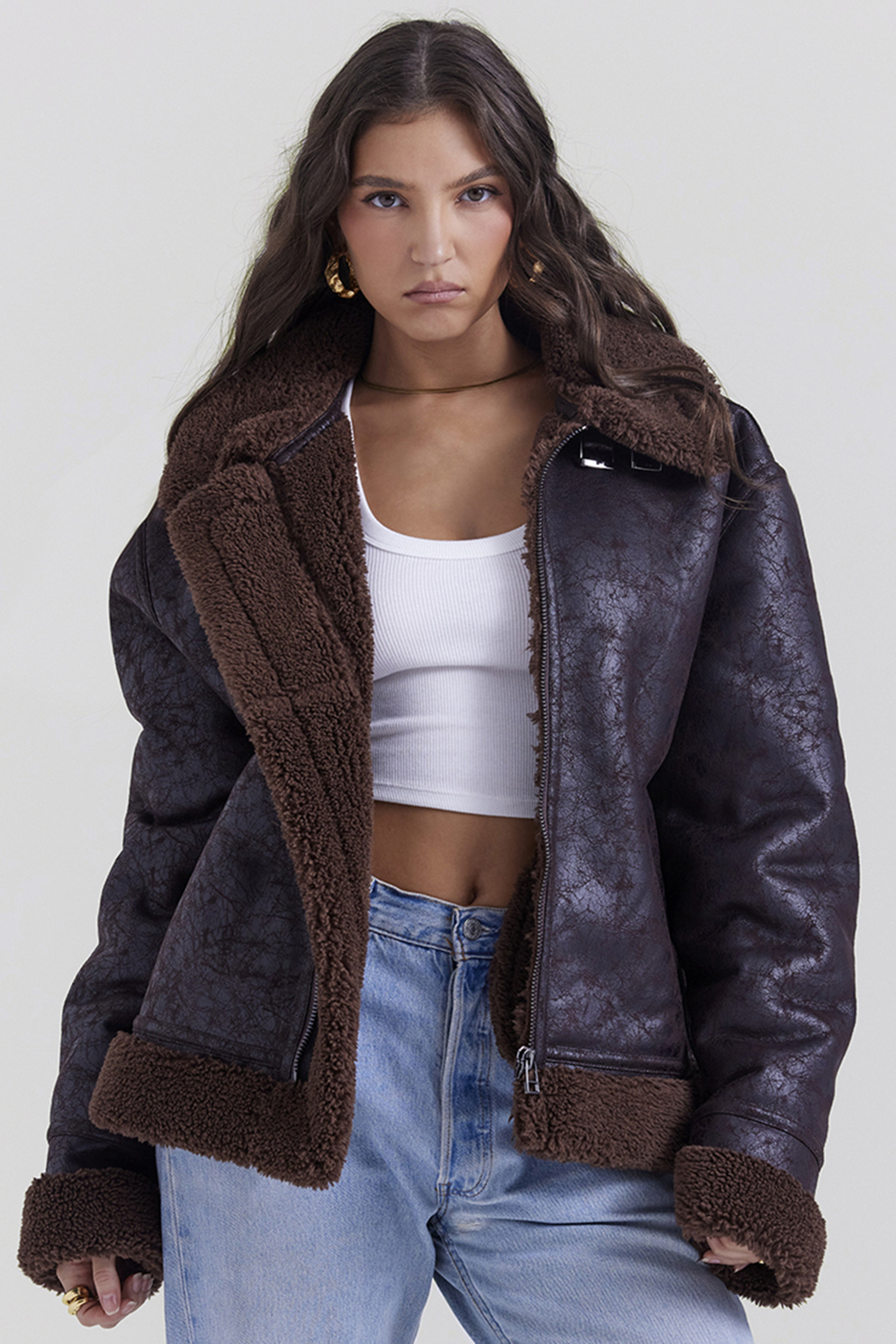 Madden Brown Vegan Shearling Aviator Jacket - luluinthesky