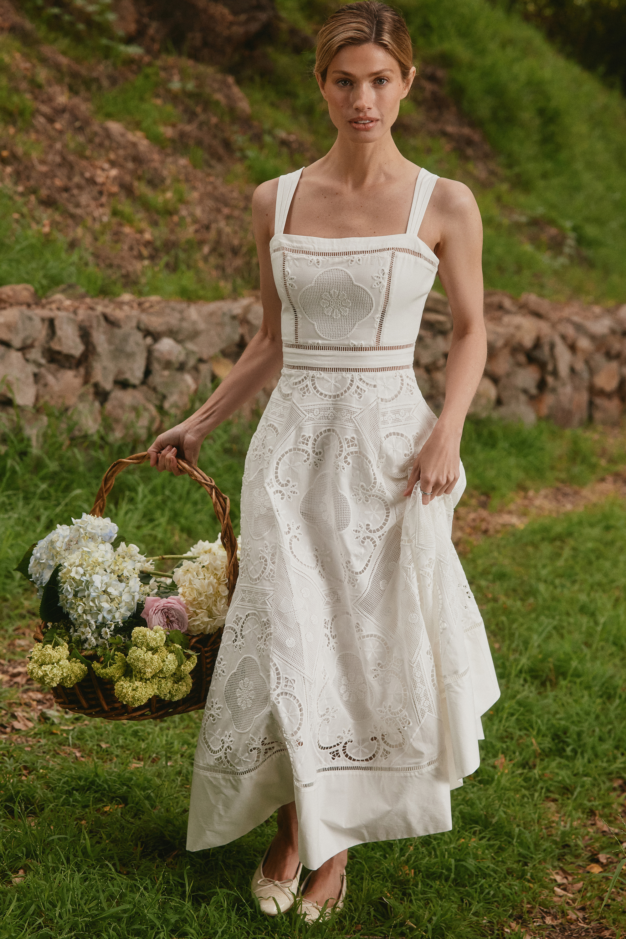 Ava White Stretch Cotton Broderie Anglaise Midi Dress - luluinthesky