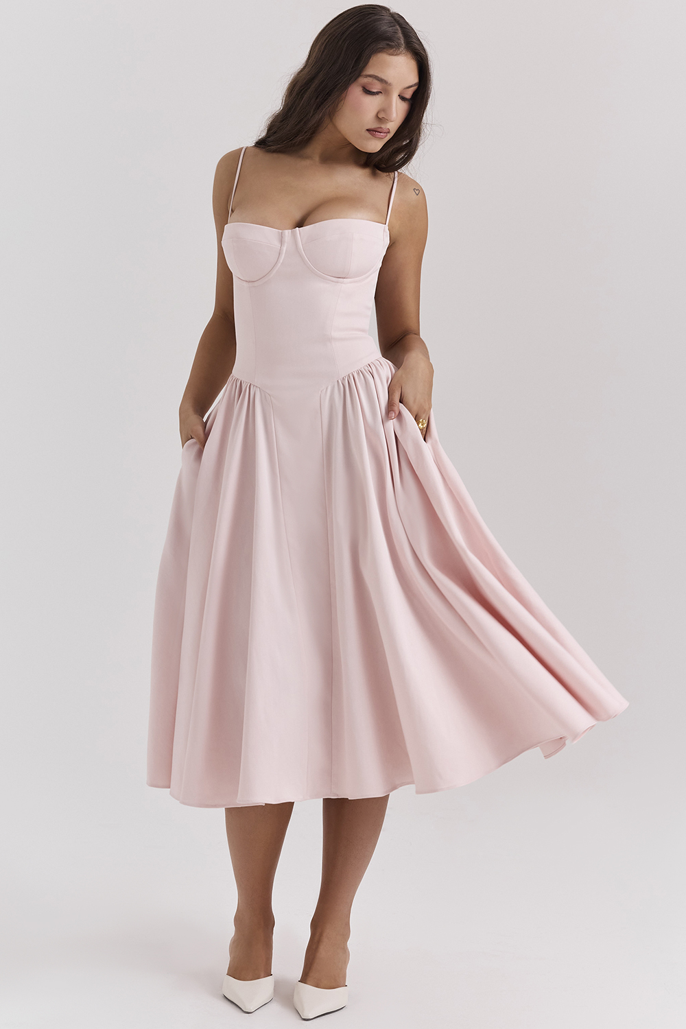 Samaria Ballerina Pink Twill Corset Midi Dress - luluinthesky