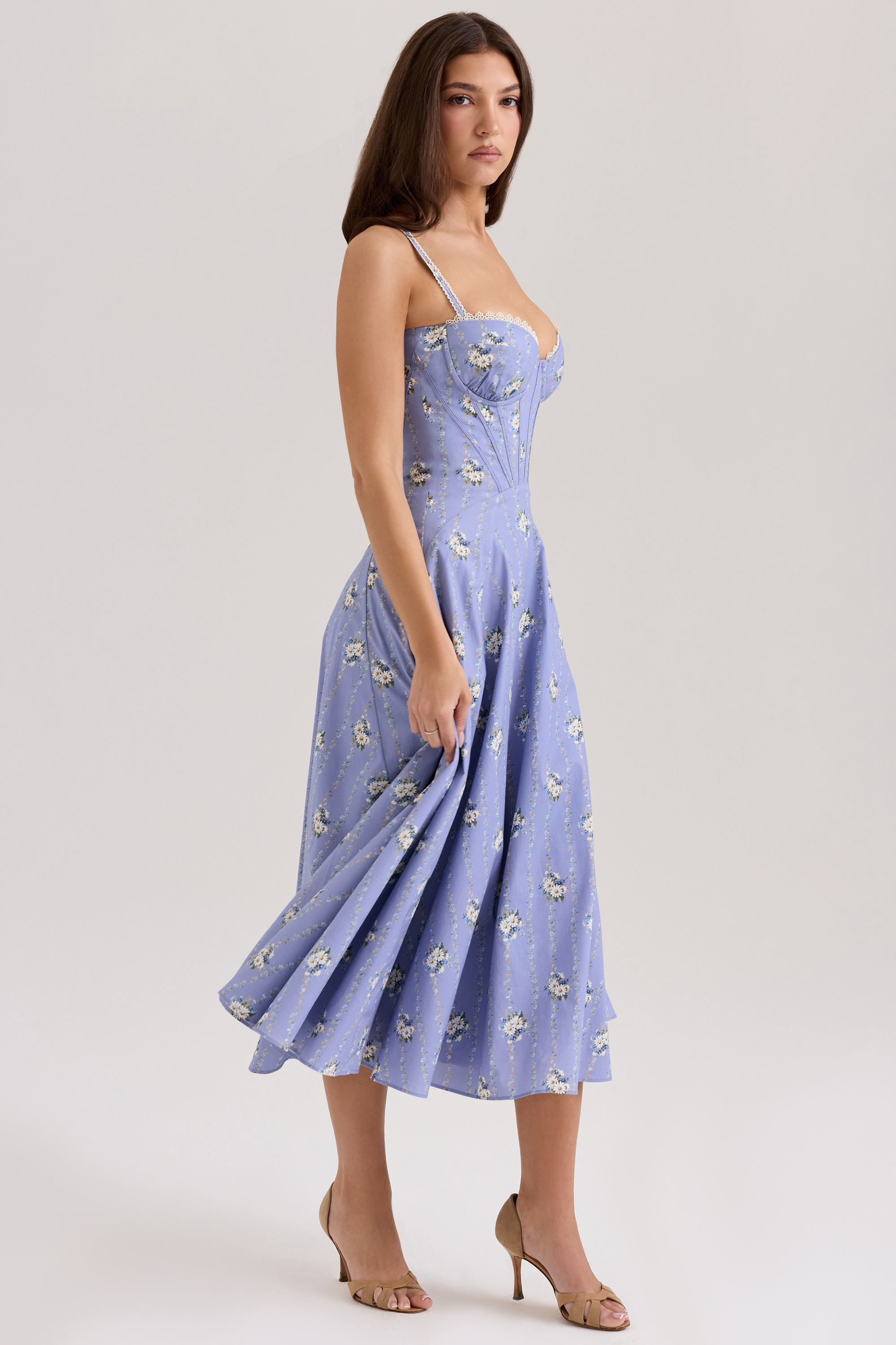 Steffani Blue Daisy Print Stretch Cotton Midi Sundress - luluinthesky