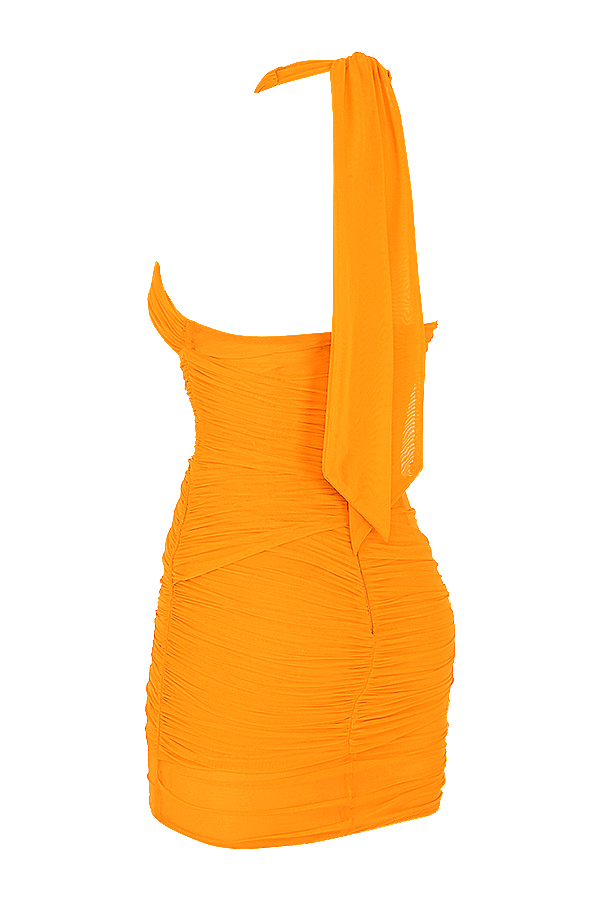 Over ItMistress Rocks  Orange Gathered Mesh Halter Neck Mini Dress - SALE - luluinthesky