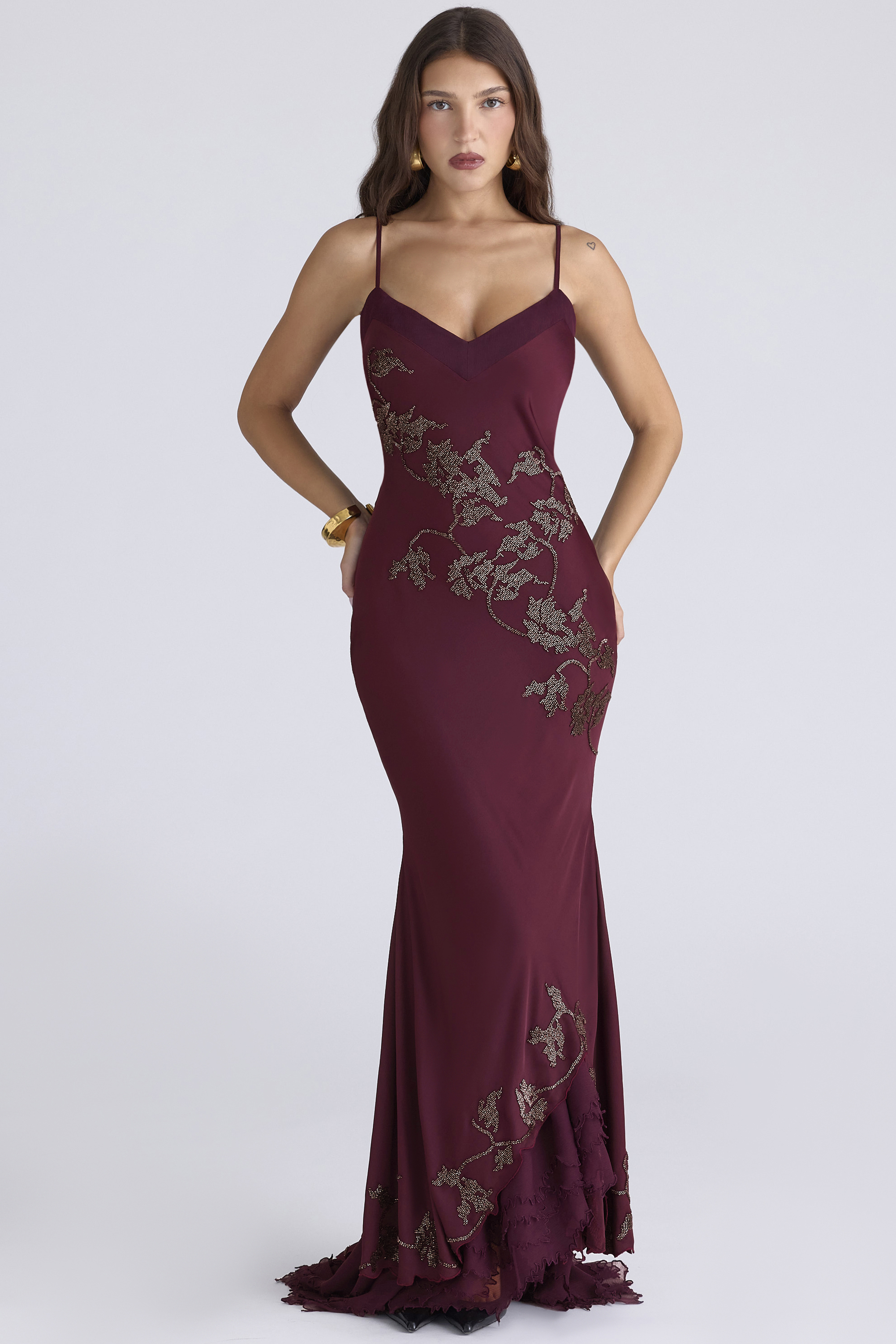 Anastelle Plum Hand Beaded Embellished Satin Maxi Gown - Limited Edition - luluinthesky