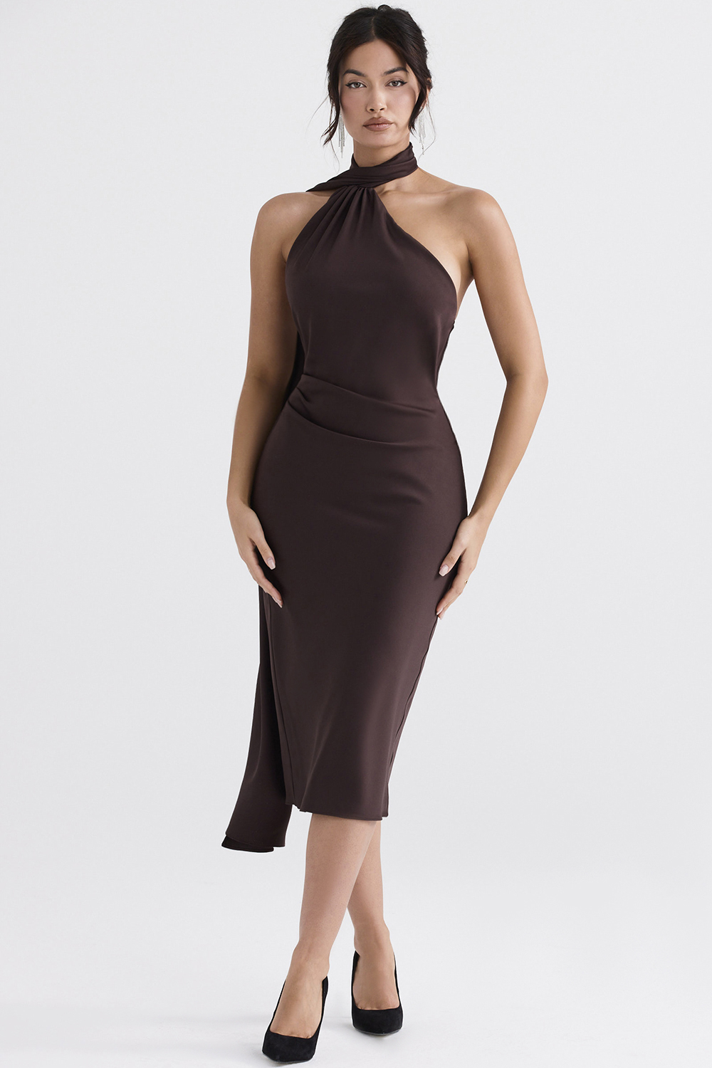 Angelina Chocolate Wrap Neck Midi Dress - luluinthesky