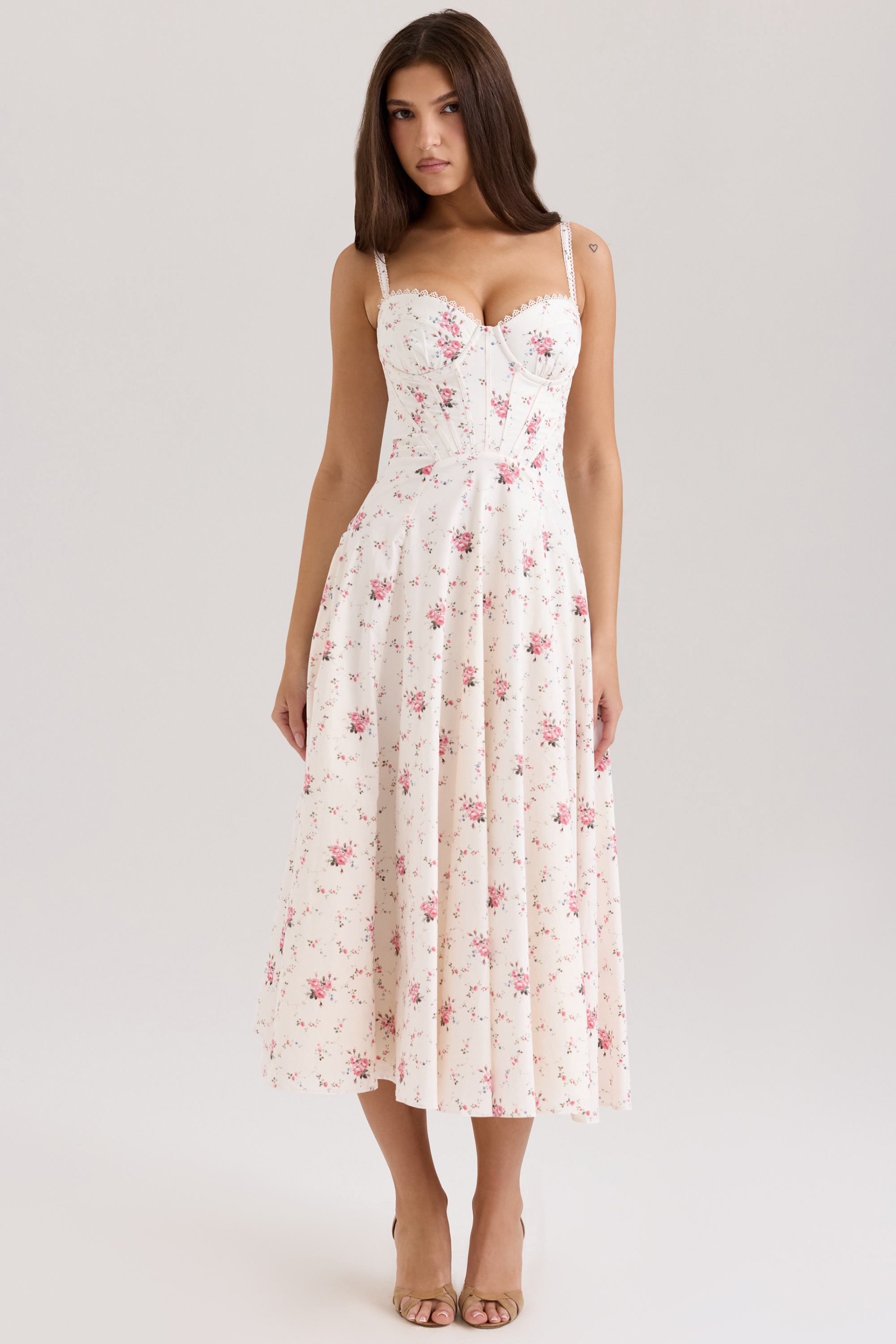 Steffani White Stretch Cotton Rose Print Midi Sundress - luluinthesky
