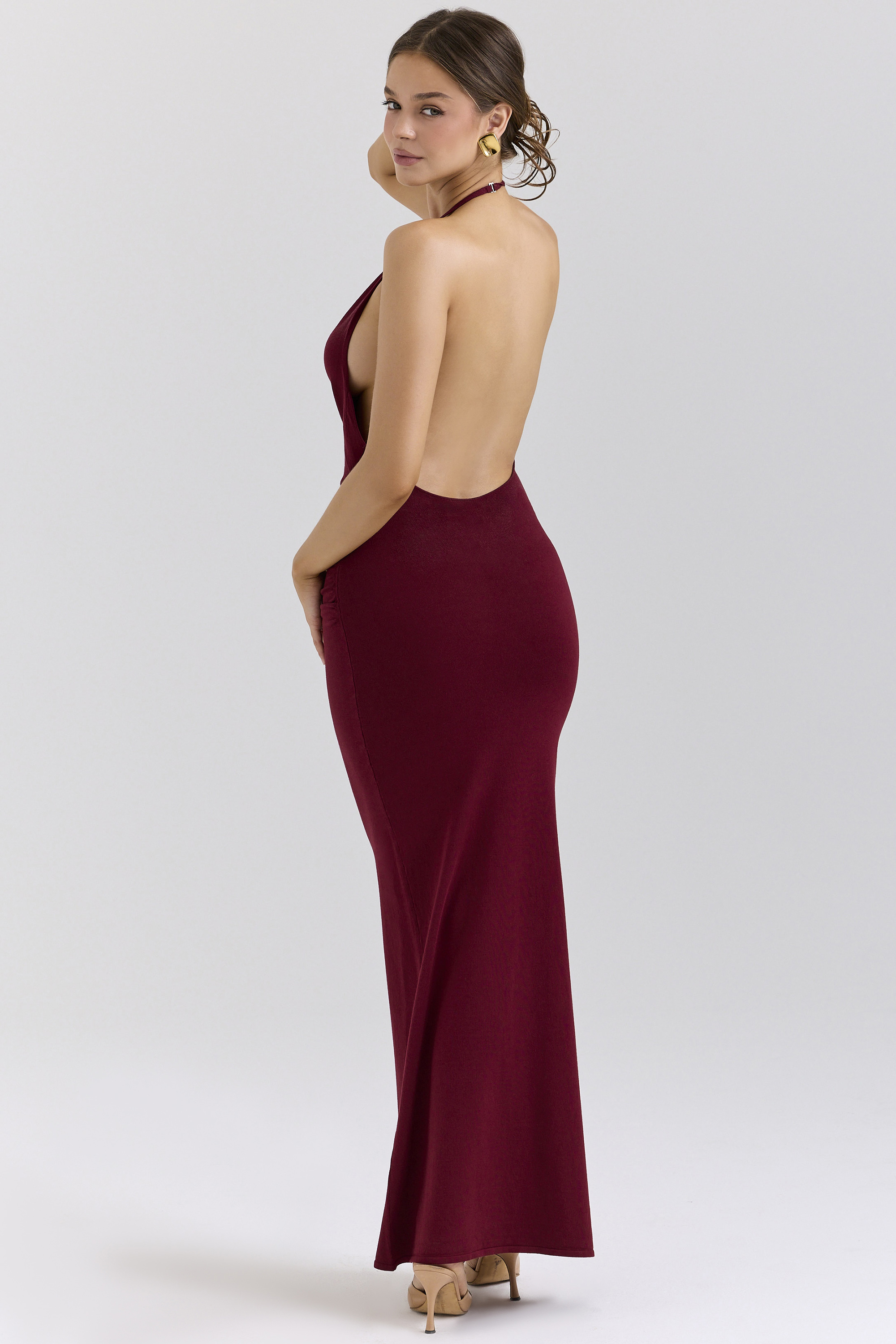 Thalina Wine Draped Halter Neck Maxi Dress - luluinthesky