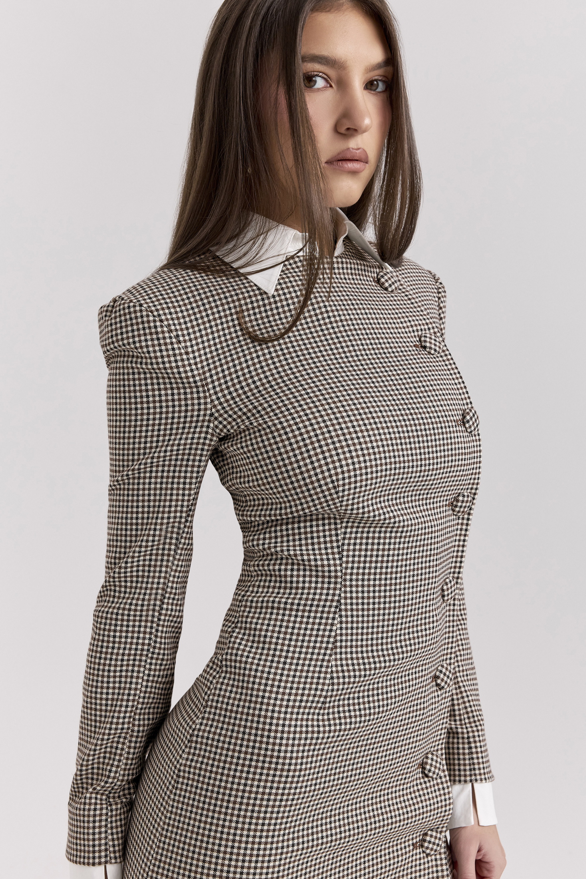 Leoni Brown Puppytooth Check Bodycon Mini Dress - luluinthesky