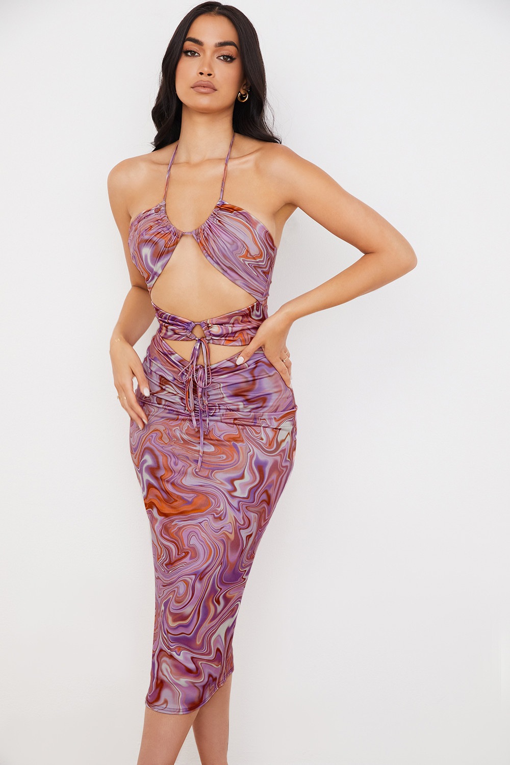 Kasia Purple Swirl Cutout Midi Dress - luluinthesky