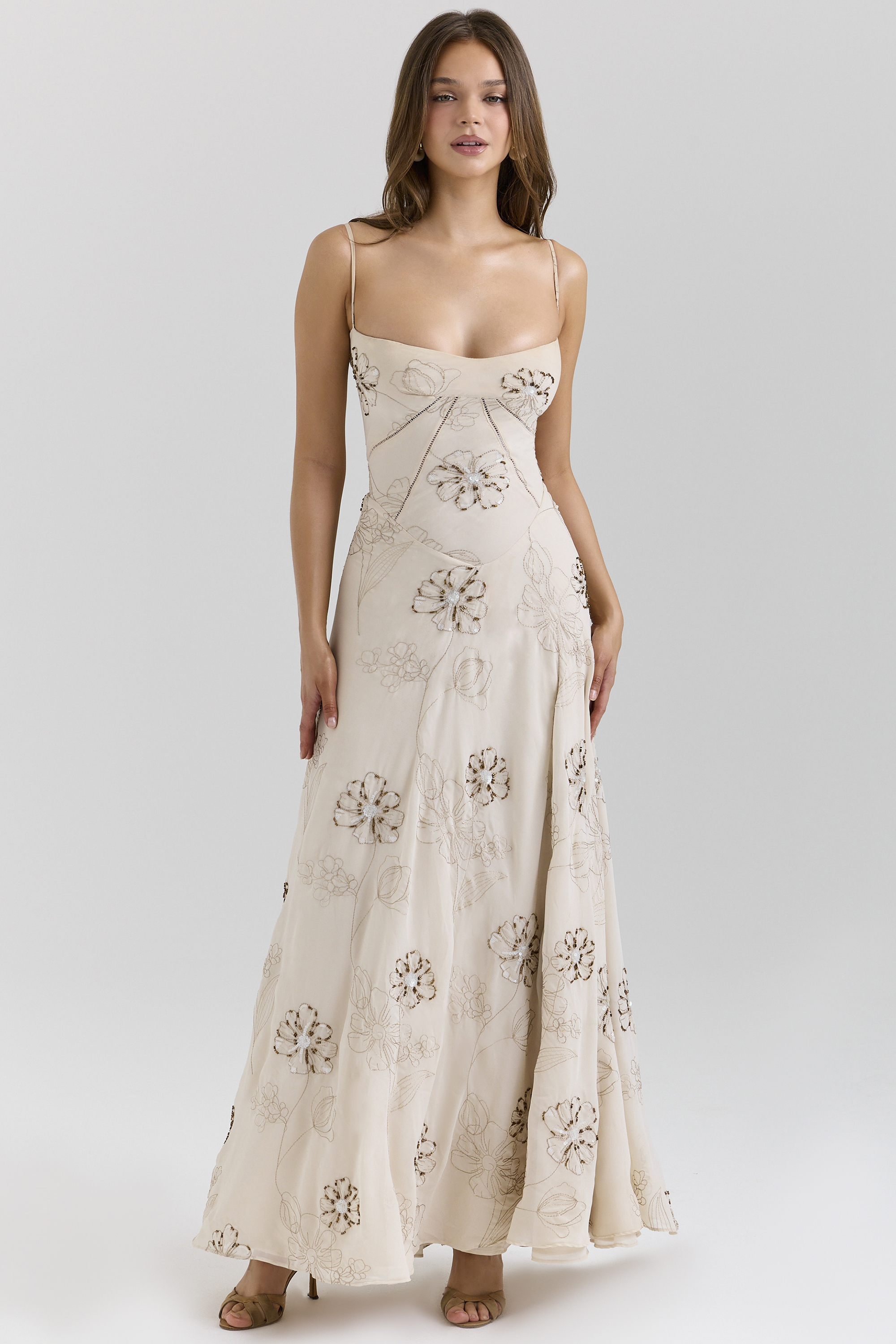Seren Vanilla Embroidered Hand Beaded Floral Maxi Dress - luluinthesky