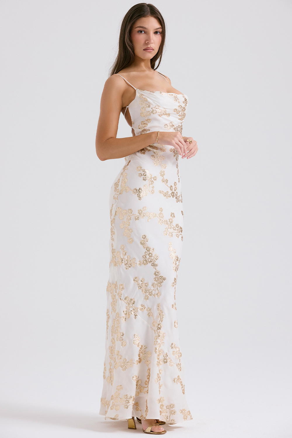 Capriana White & Gold Jacquard Satin Gown - luluinthesky