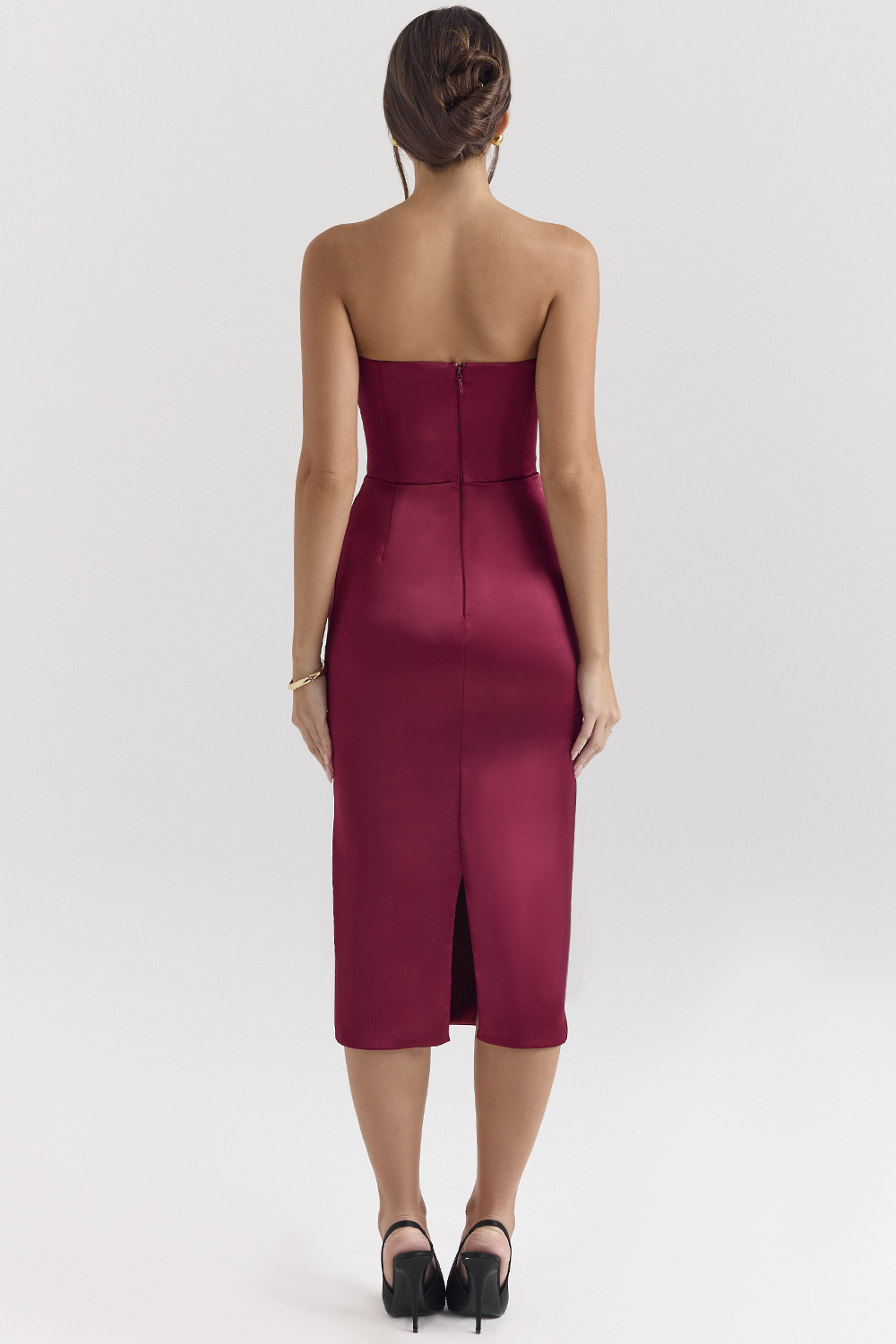 Santana Berry Satin Strapless Midi Dress - luluinthesky