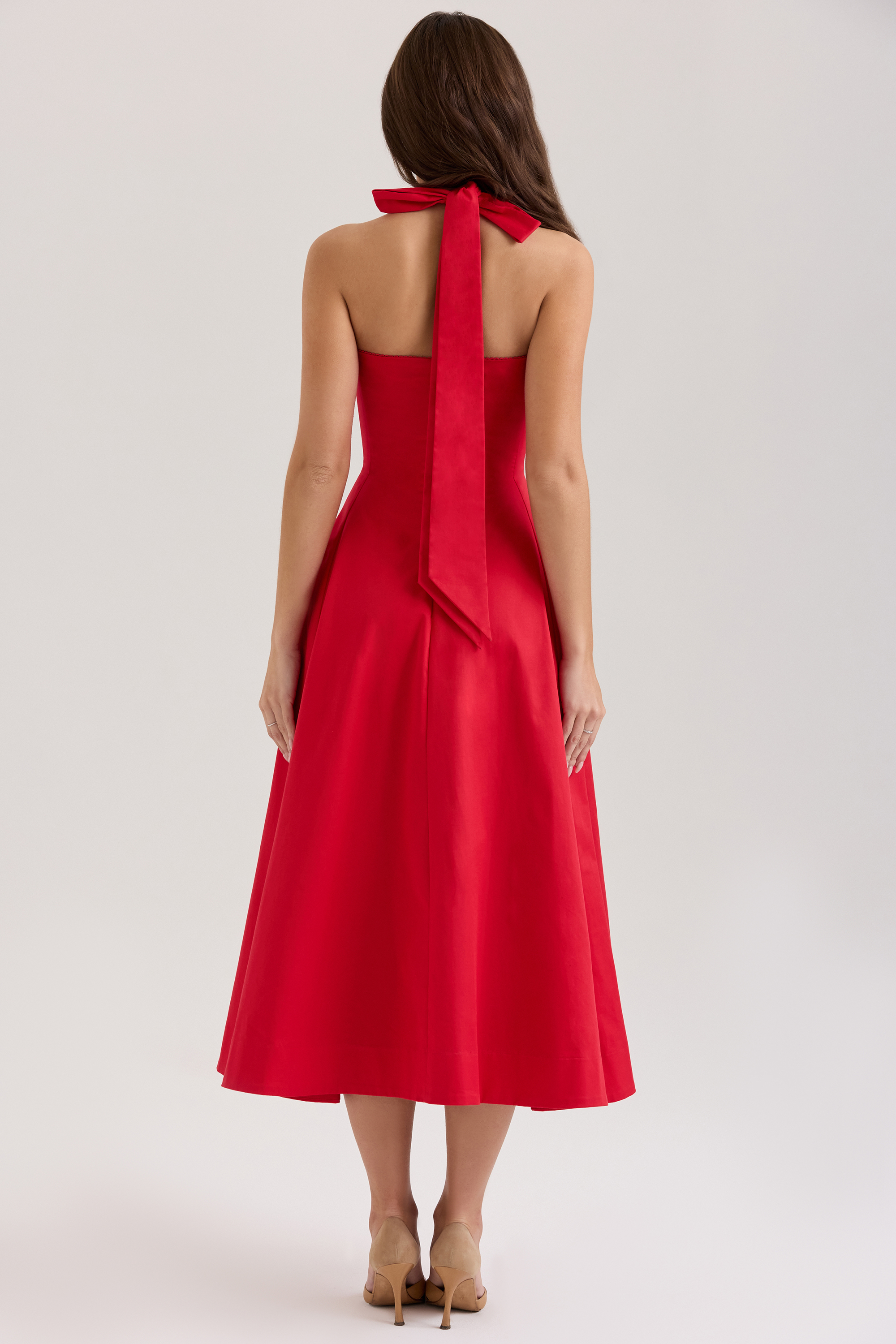 Claudia Red Stretch Cotton Button Halter Neck Midi Dress - luluinthesky