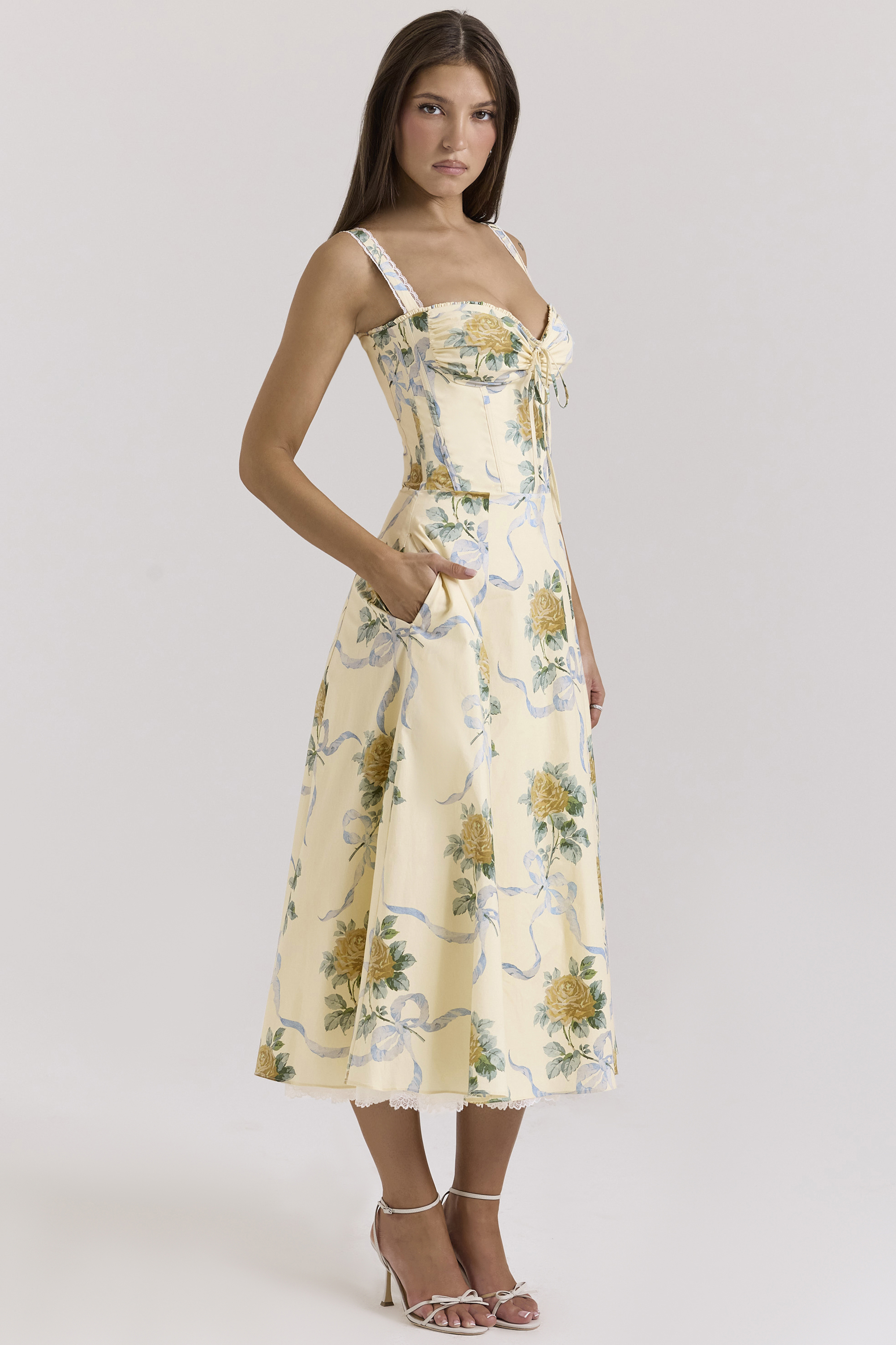Rosalee Lemon Vintage Ribbon Print Cotton Midi Dress - luluinthesky
