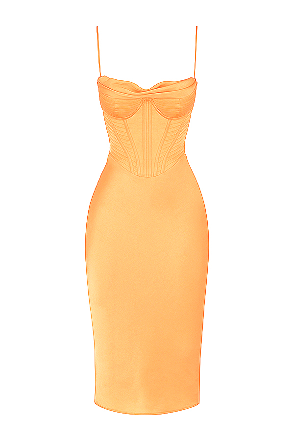 Myrna Tangerine Satin Corset Midi Dress - luluinthesky