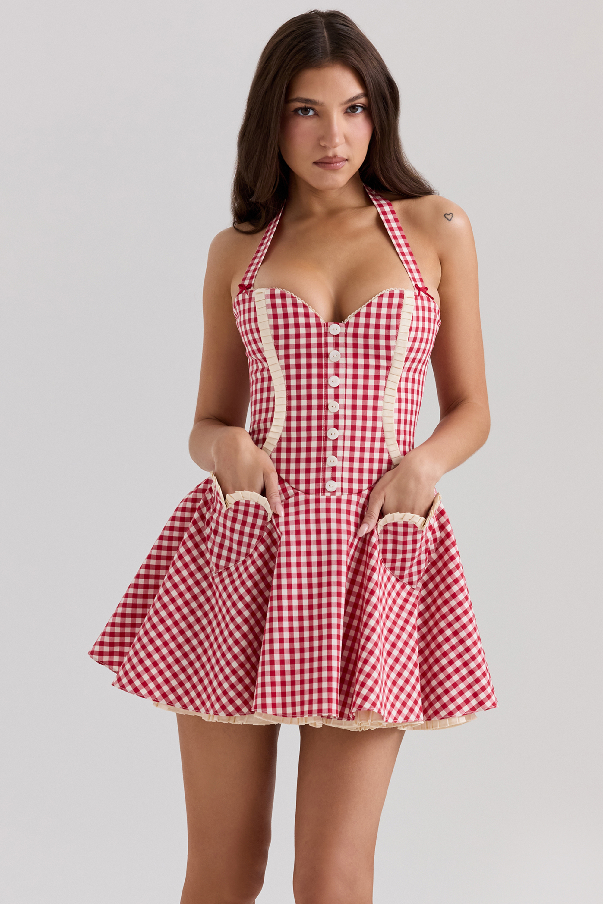 Heidi Red Gingham Cotton Halter Neck Mini Dress - luluinthesky