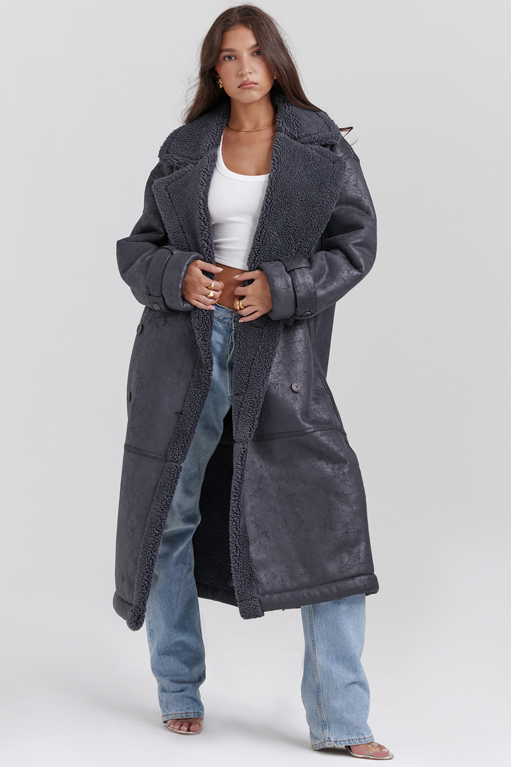 Deiji Grey Vegan Shearling Coat - luluinthesky