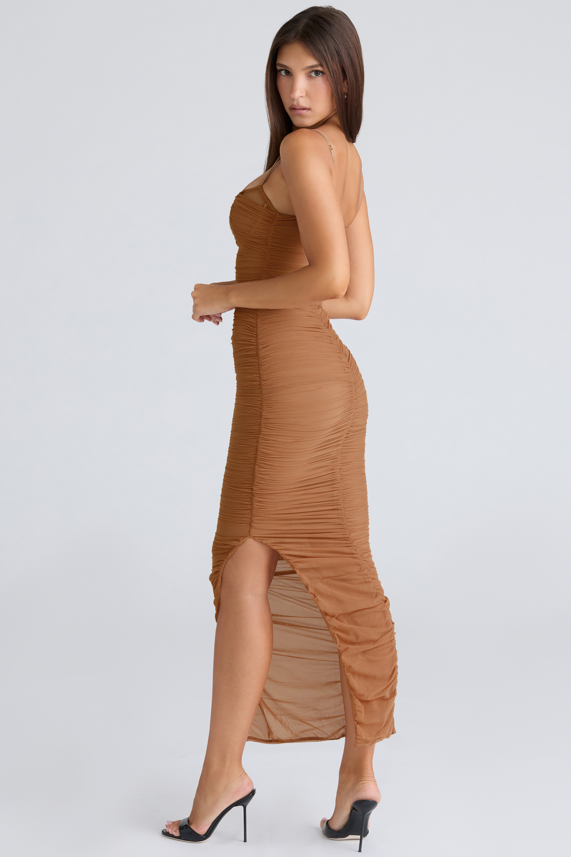 Fornarina Tan Gathered Stretch Mesh Maxi Dress - luluinthesky