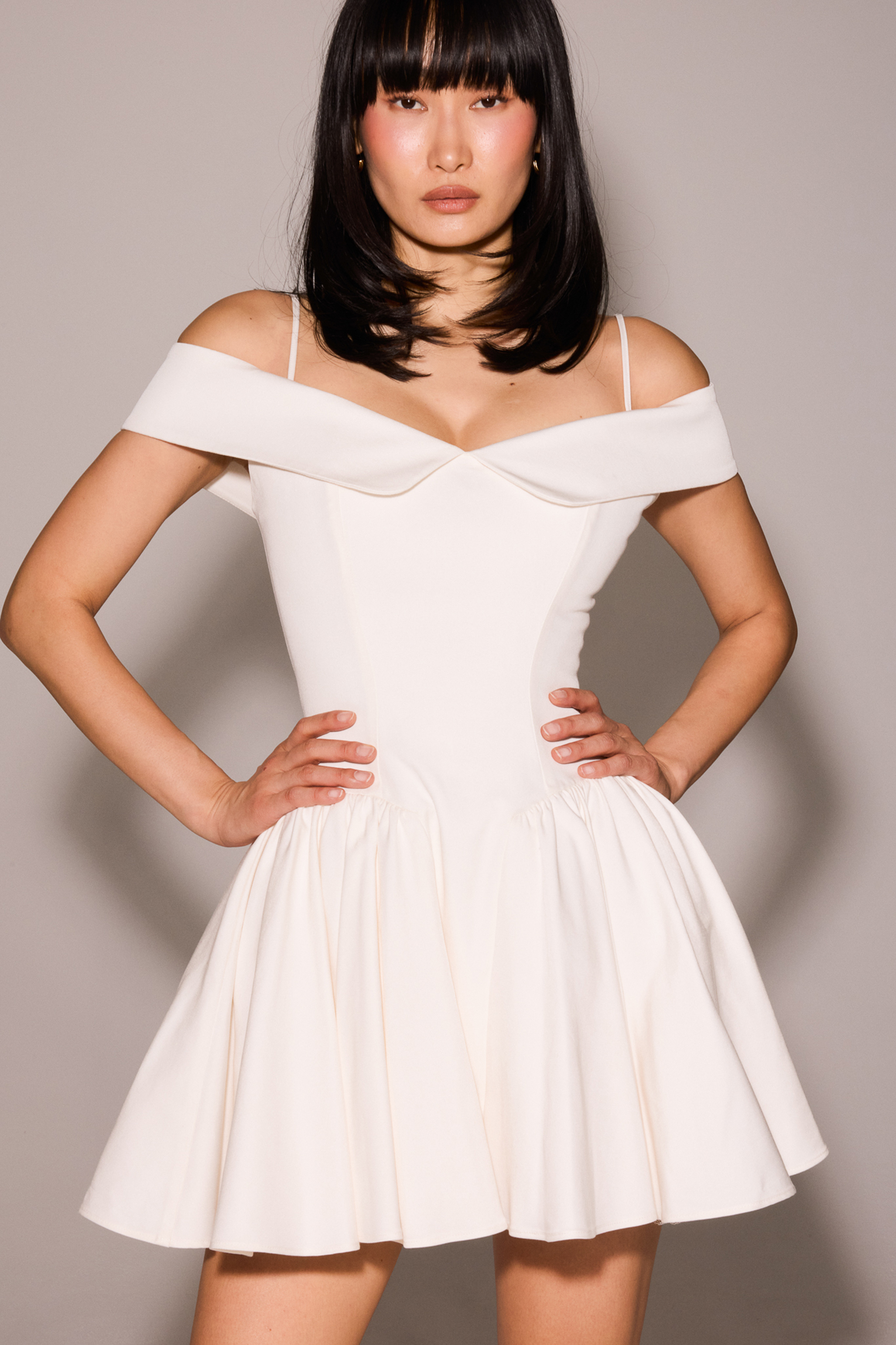 Elida White Twill Off Shoulder Mini Dress - luluinthesky