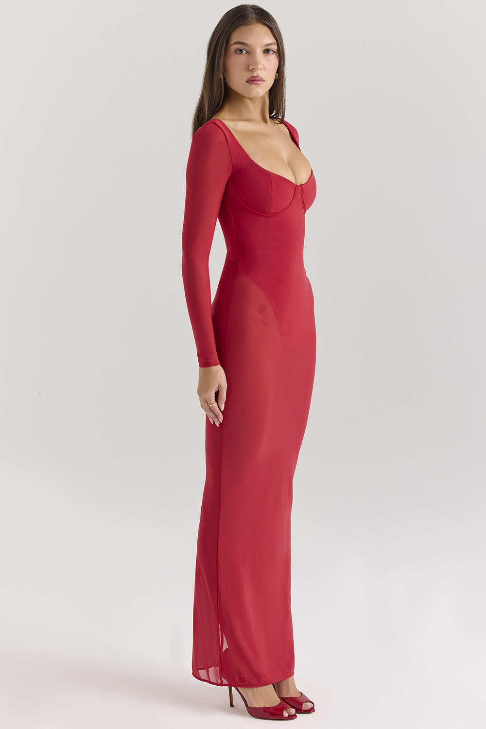 Everly Holly Red Mesh Maxi Dress with Bodysuit - luluinthesky